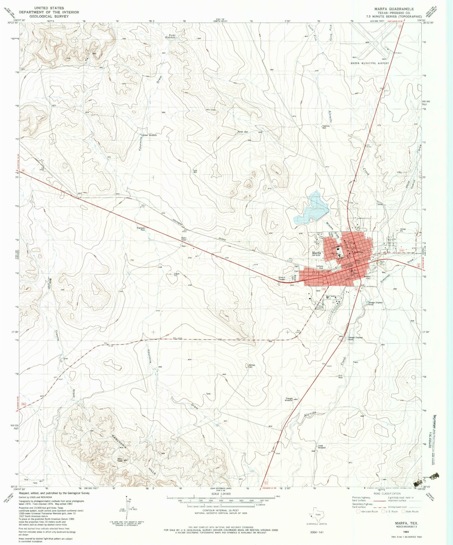 Classic USGS Marfa Texas 7.5'x7.5' Topo Map Image