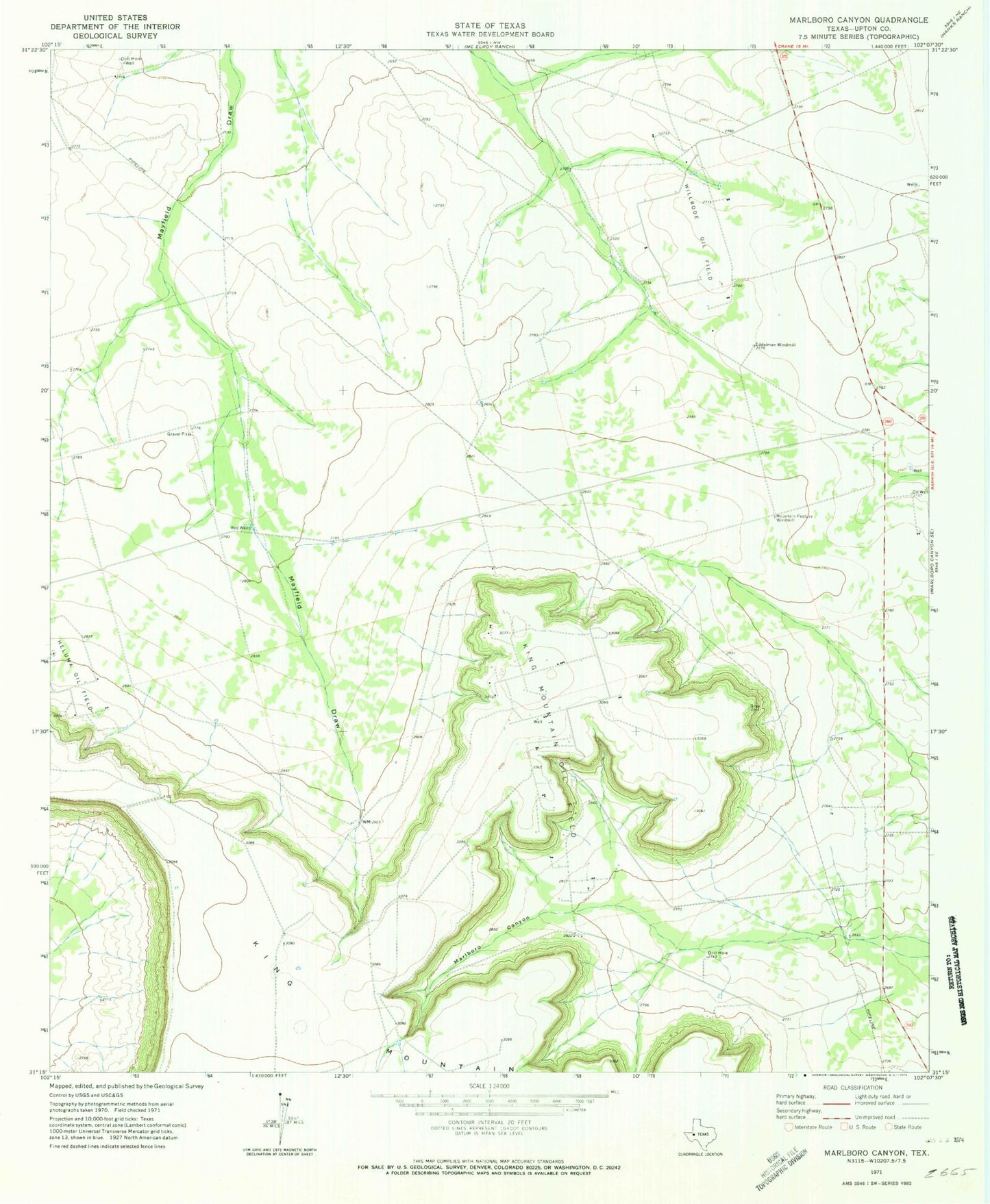 Classic USGS Marlboro Canyon Texas 7.5'x7.5' Topo Map Image