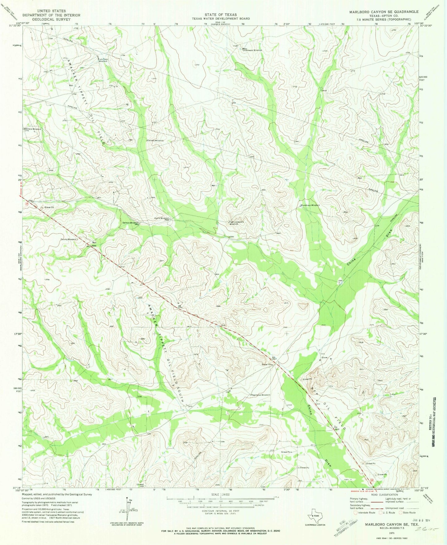 Classic USGS Marlboro Canyon SE Texas 7.5'x7.5' Topo Map Image