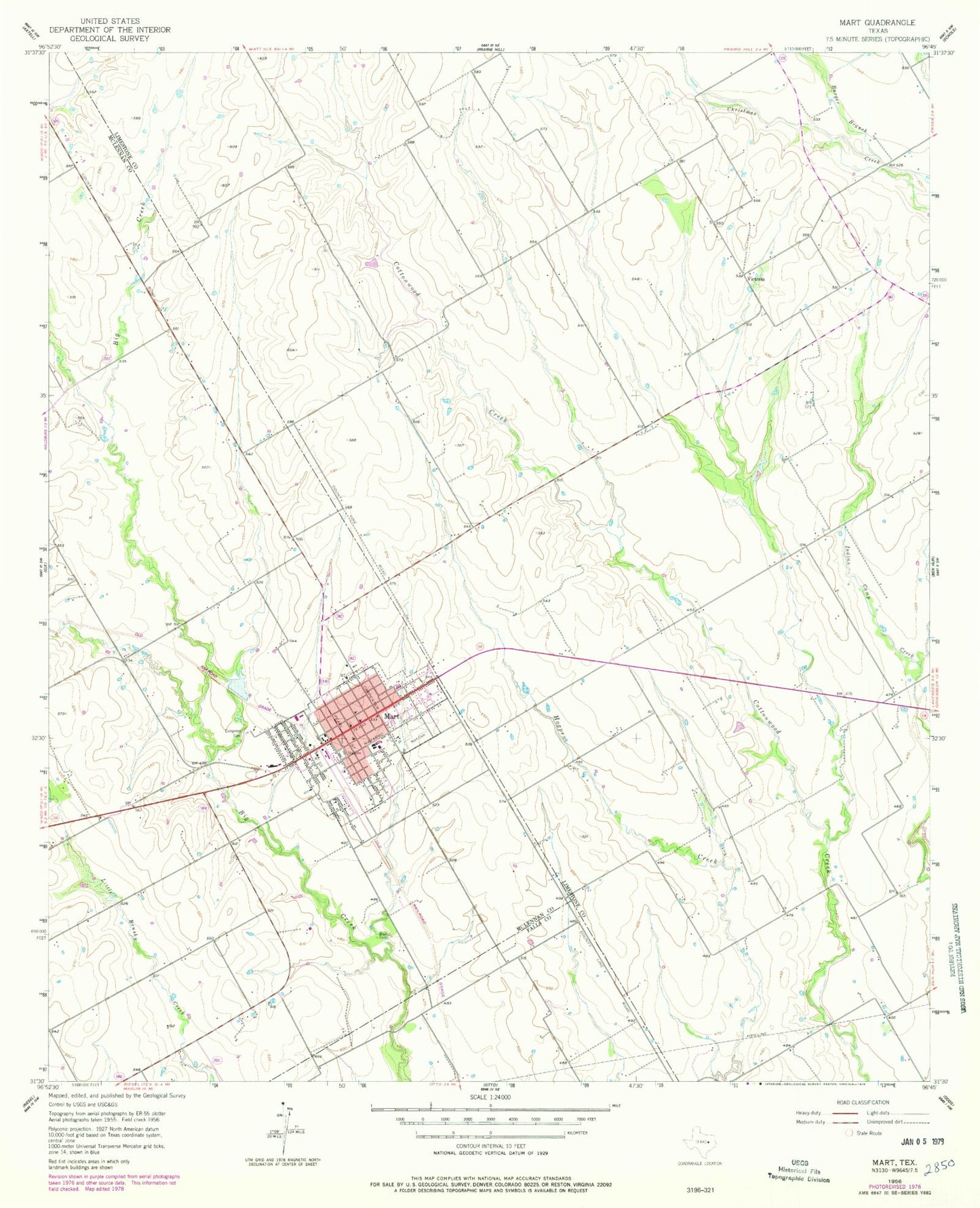 Classic USGS Mart Texas 7.5'x7.5' Topo Map Image