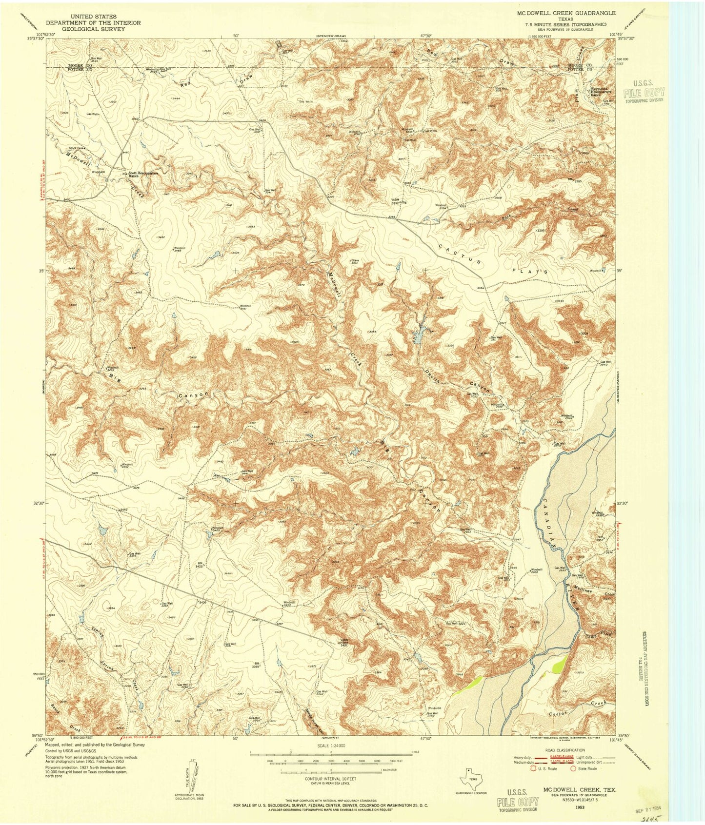 Classic USGS McDowell Creek Texas 7.5'x7.5' Topo Map Image