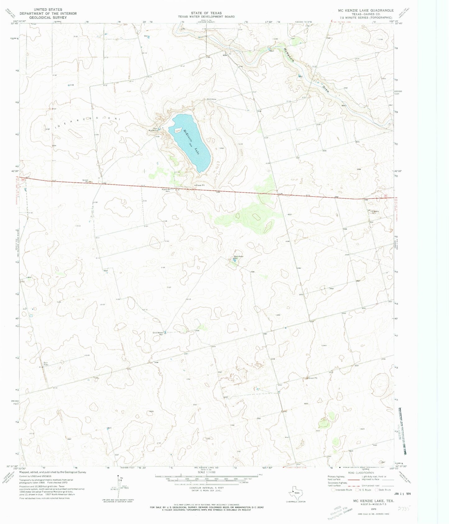 Classic USGS McKenzie Lake Texas 7.5'x7.5' Topo Map Image