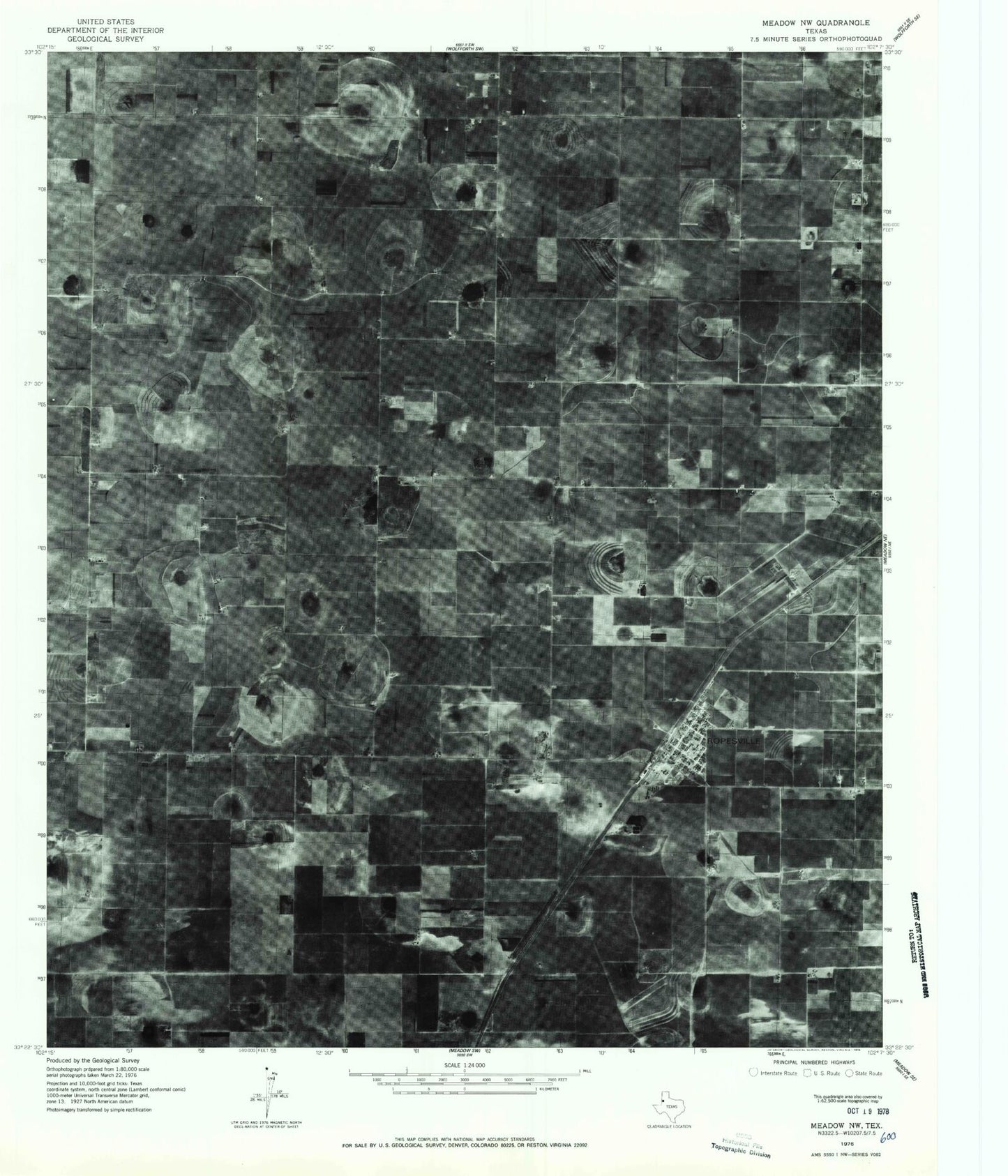 Classic USGS Ropesville Texas 7.5'x7.5' Topo Map Image
