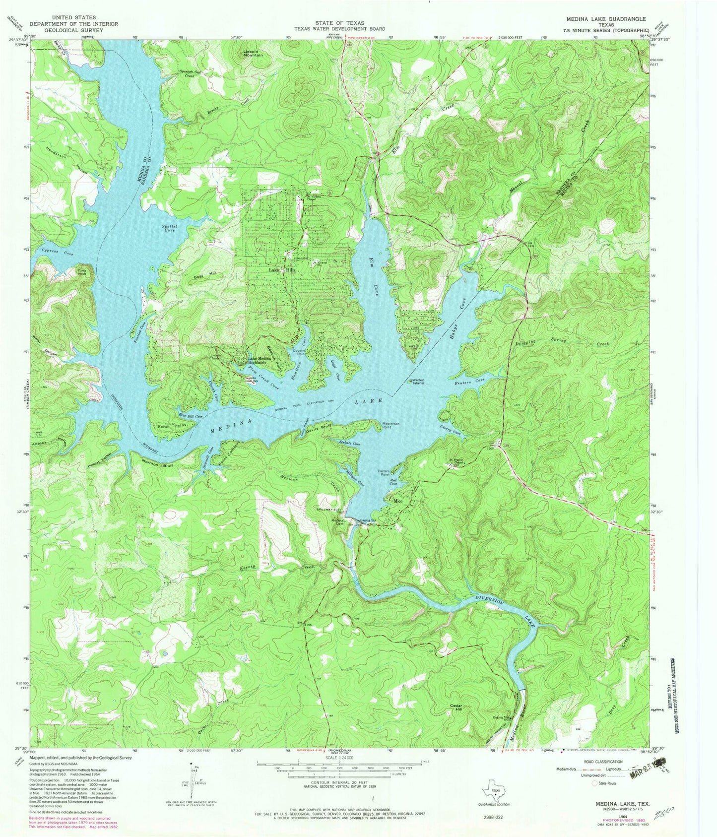 Classic USGS Medina Lake Texas 7.5'x7.5' Topo Map Image