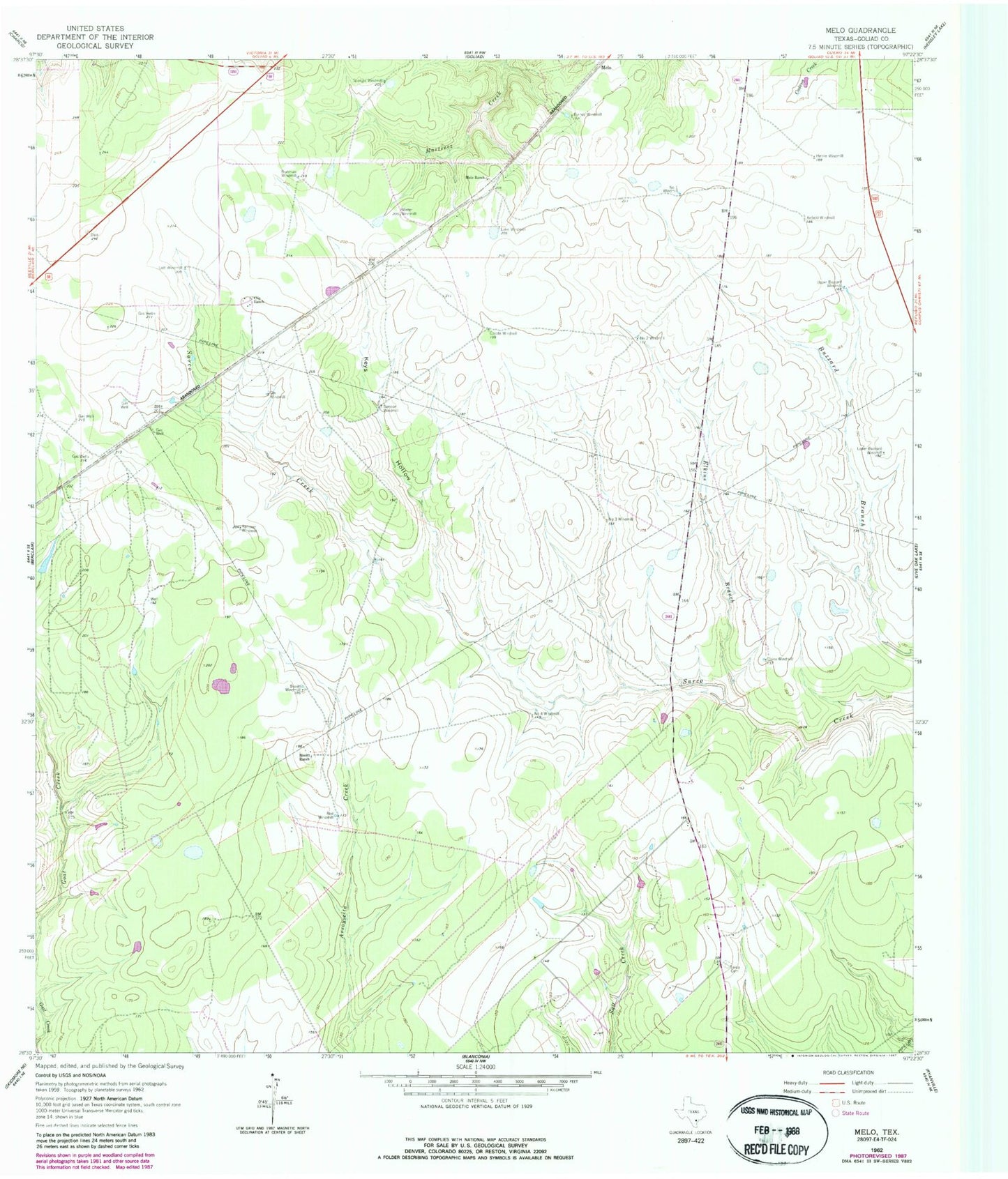 Classic USGS Melo Texas 7.5'x7.5' Topo Map Image