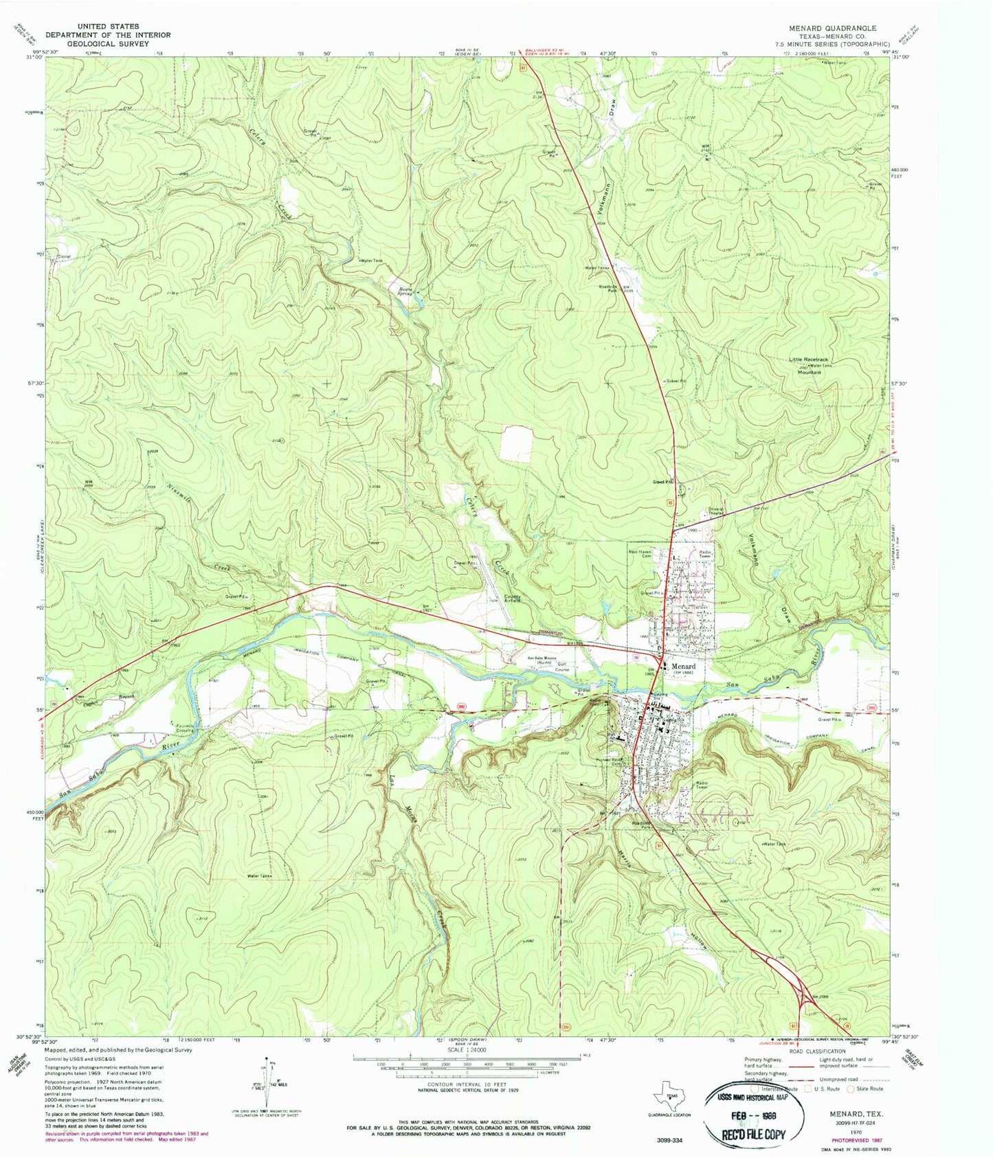 Classic USGS Menard Texas 7.5'x7.5' Topo Map Image