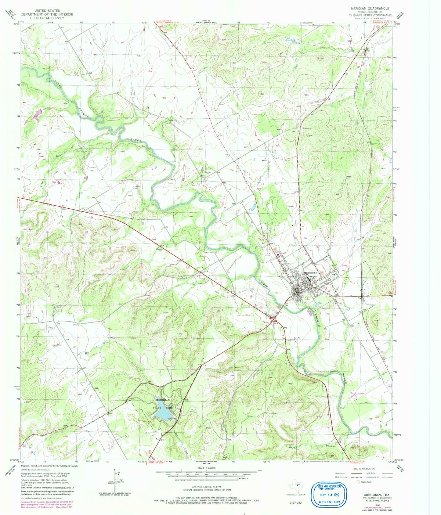 Classic USGS Meridian Texas 7.5'x7.5' Topo Map Image