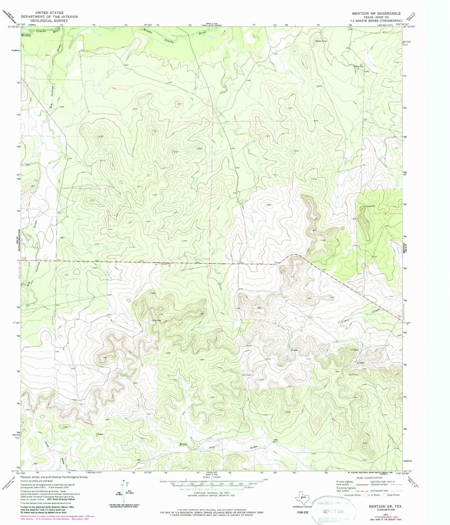 Classic USGS Mertzon SW Texas 7.5'x7.5' Topo Map Image