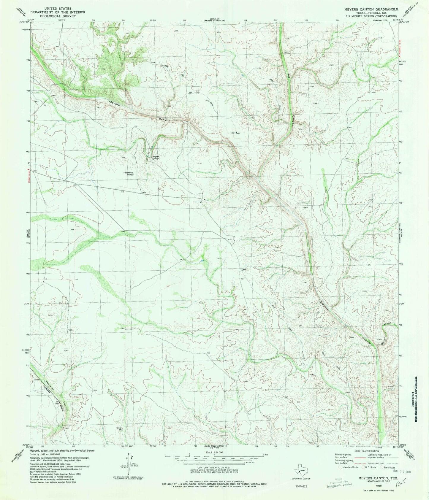 Classic USGS Meyers Canyon Texas 7.5'x7.5' Topo Map Image