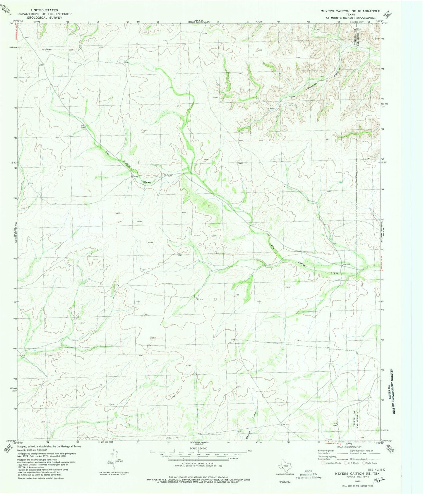 Classic USGS Meyers Canyon NE Texas 7.5'x7.5' Topo Map Image