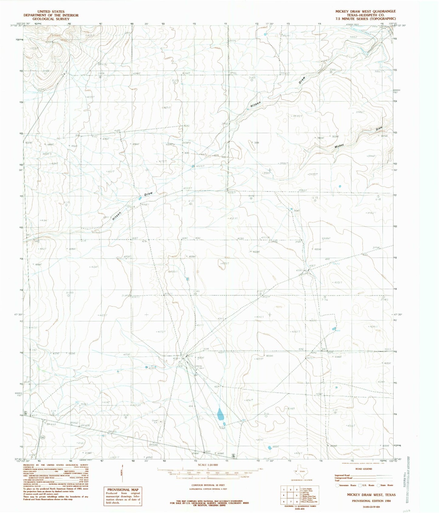 Classic USGS Mickey Draw West Texas 7.5'x7.5' Topo Map Image