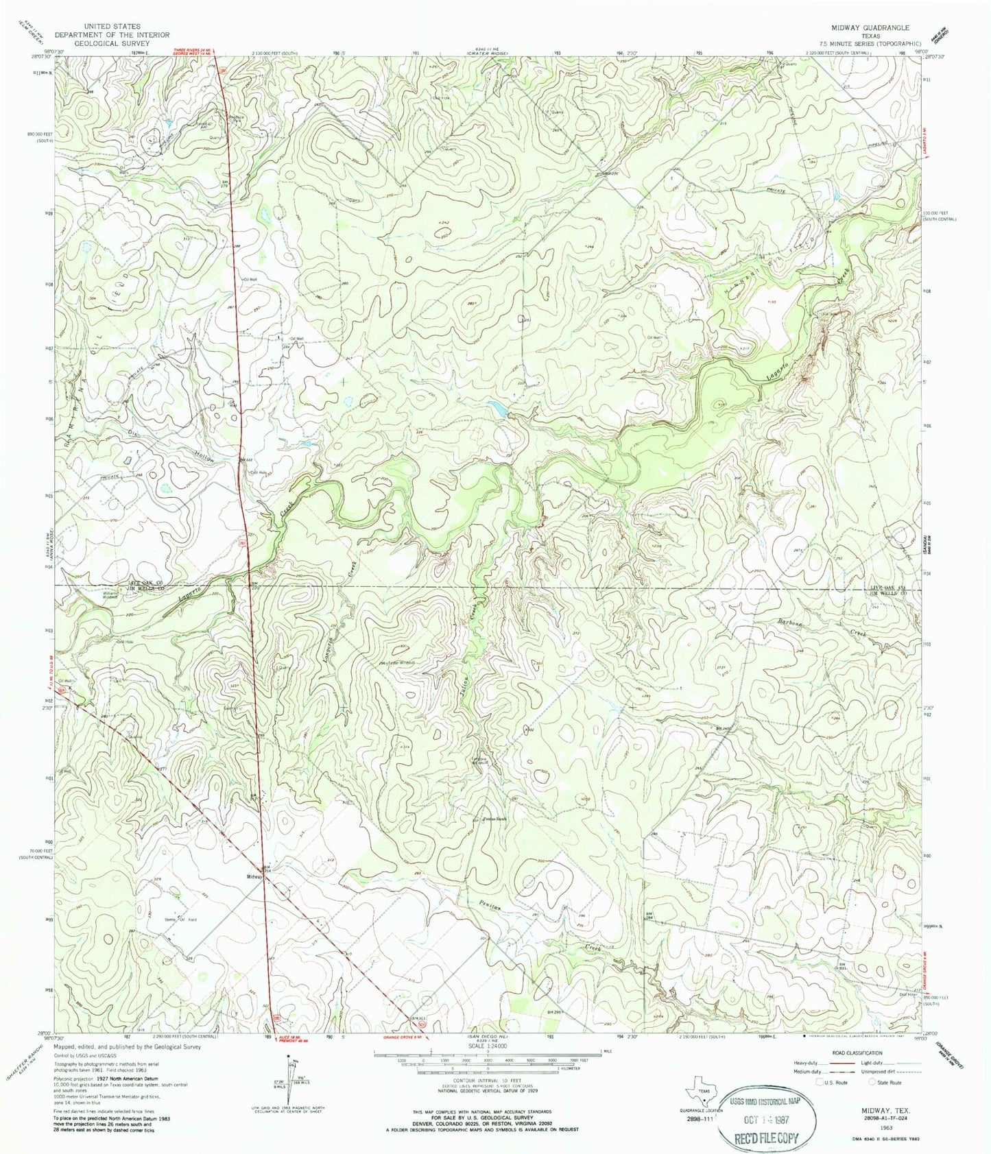 Classic USGS Midway Texas 7.5'x7.5' Topo Map Image
