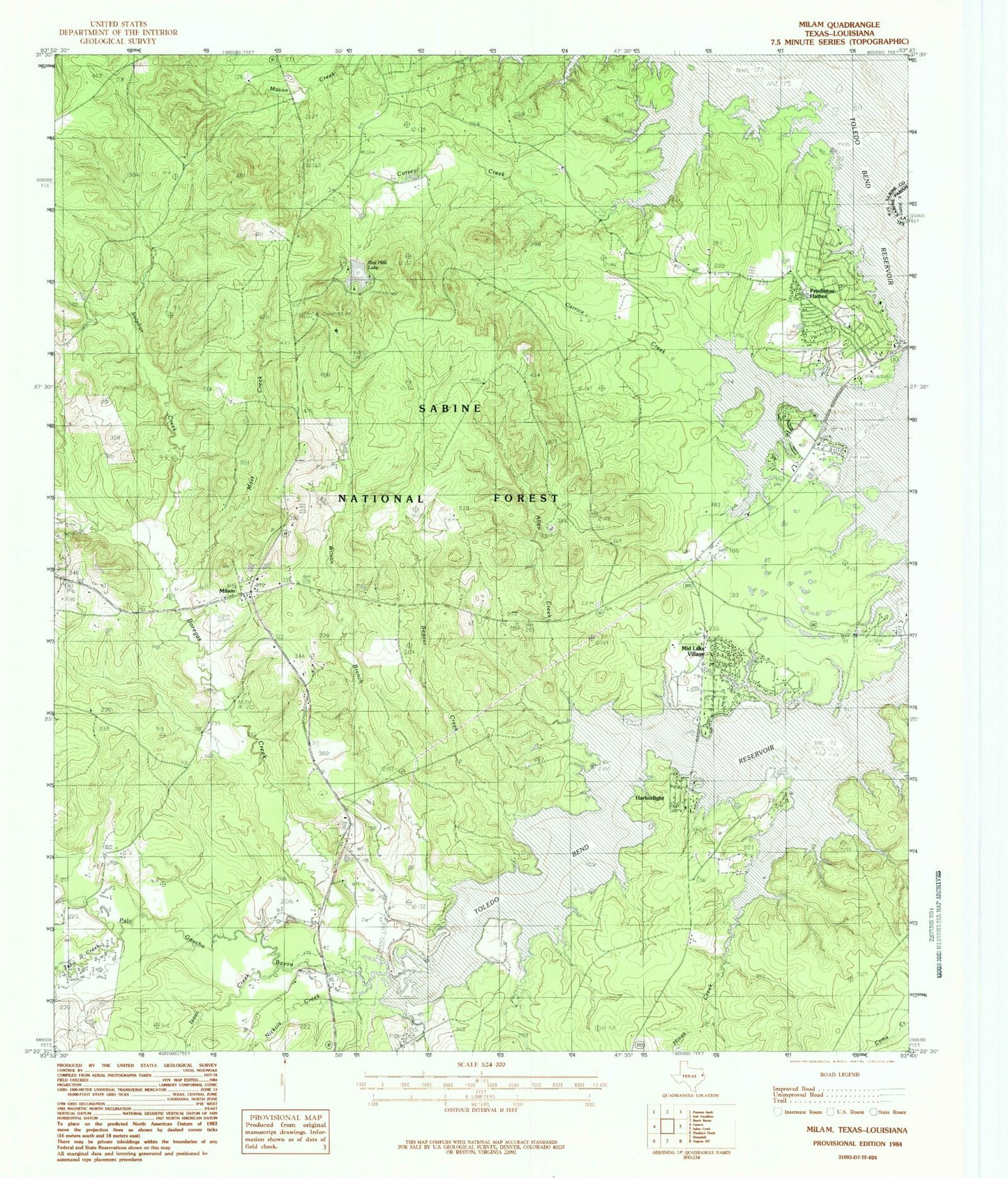 Classic USGS Milam Texas 7.5'x7.5' Topo Map Image