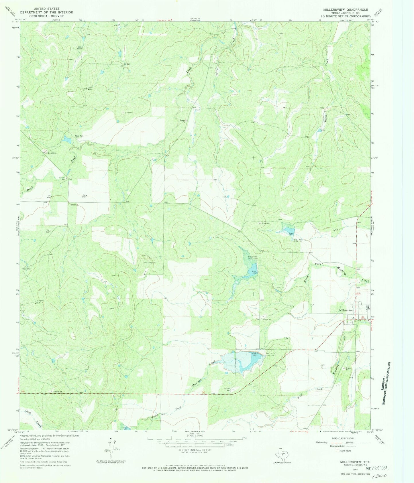 Classic USGS Millersview Texas 7.5'x7.5' Topo Map Image