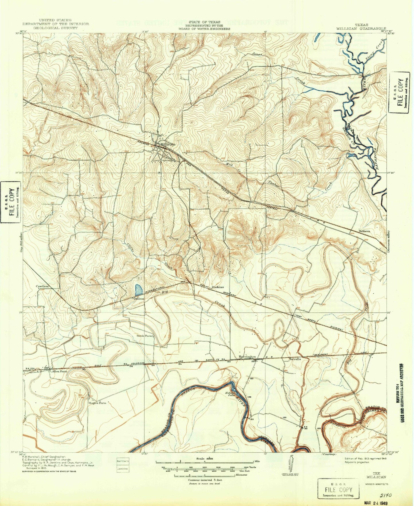 Classic USGS Millican Texas 7.5'x7.5' Topo Map Image