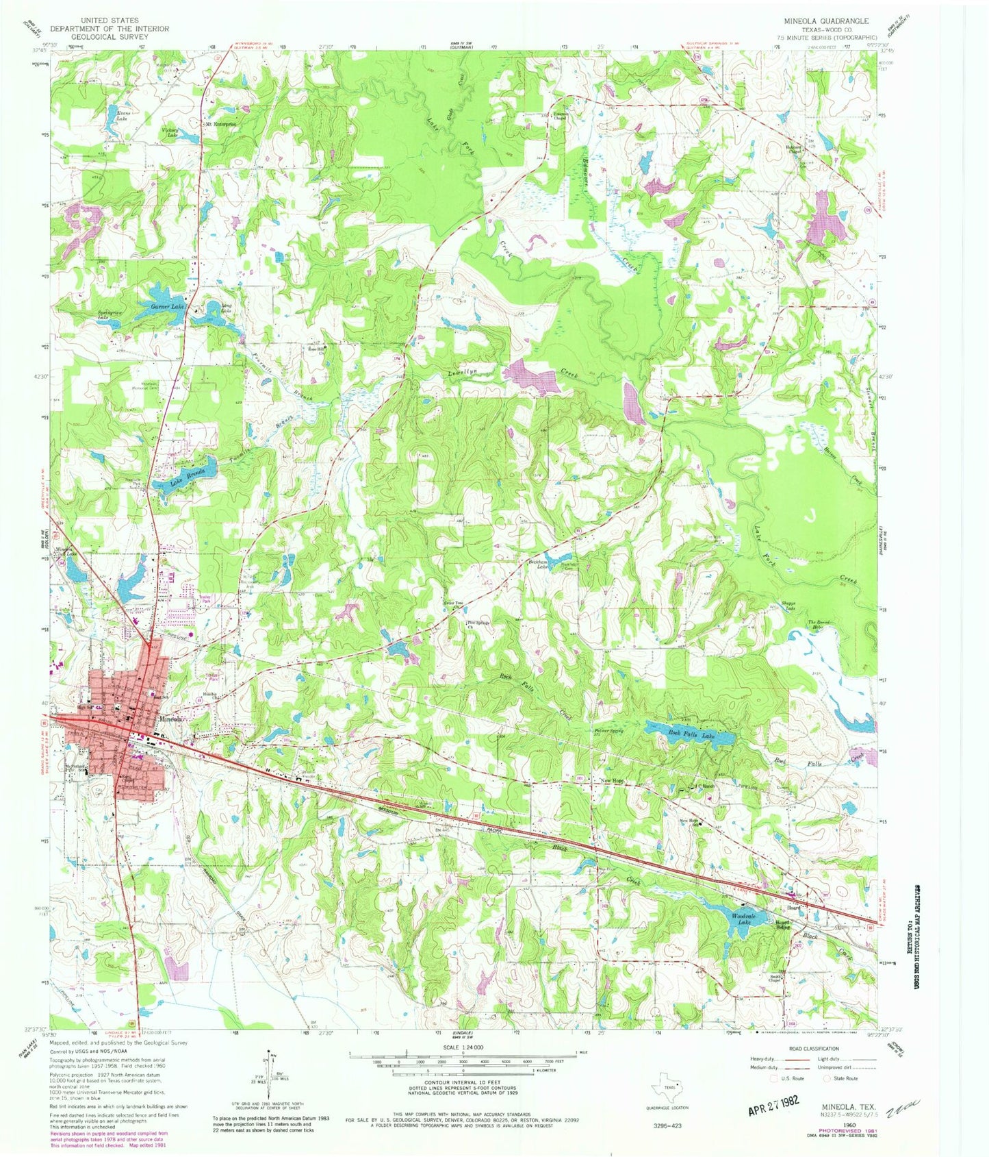 Classic USGS Mineola Texas 7.5'x7.5' Topo Map Image