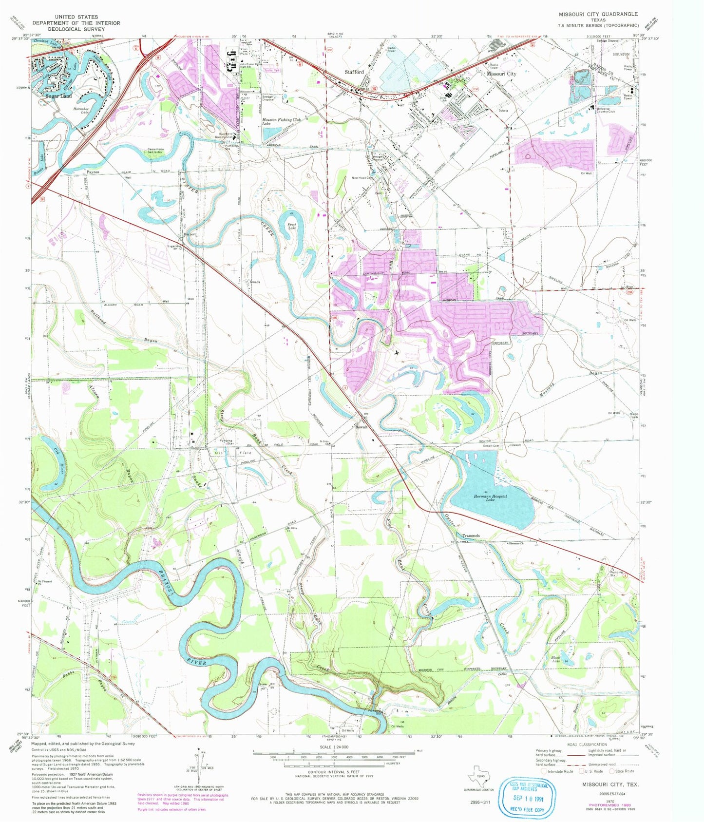 Classic USGS Missouri City Texas 7.5'x7.5' Topo Map Image