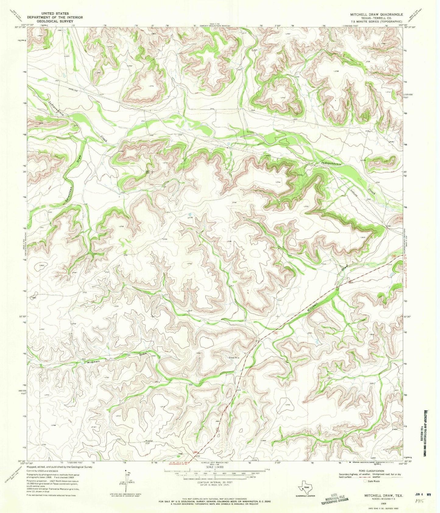 Classic USGS Mitchell Draw Texas 7.5'x7.5' Topo Map Image