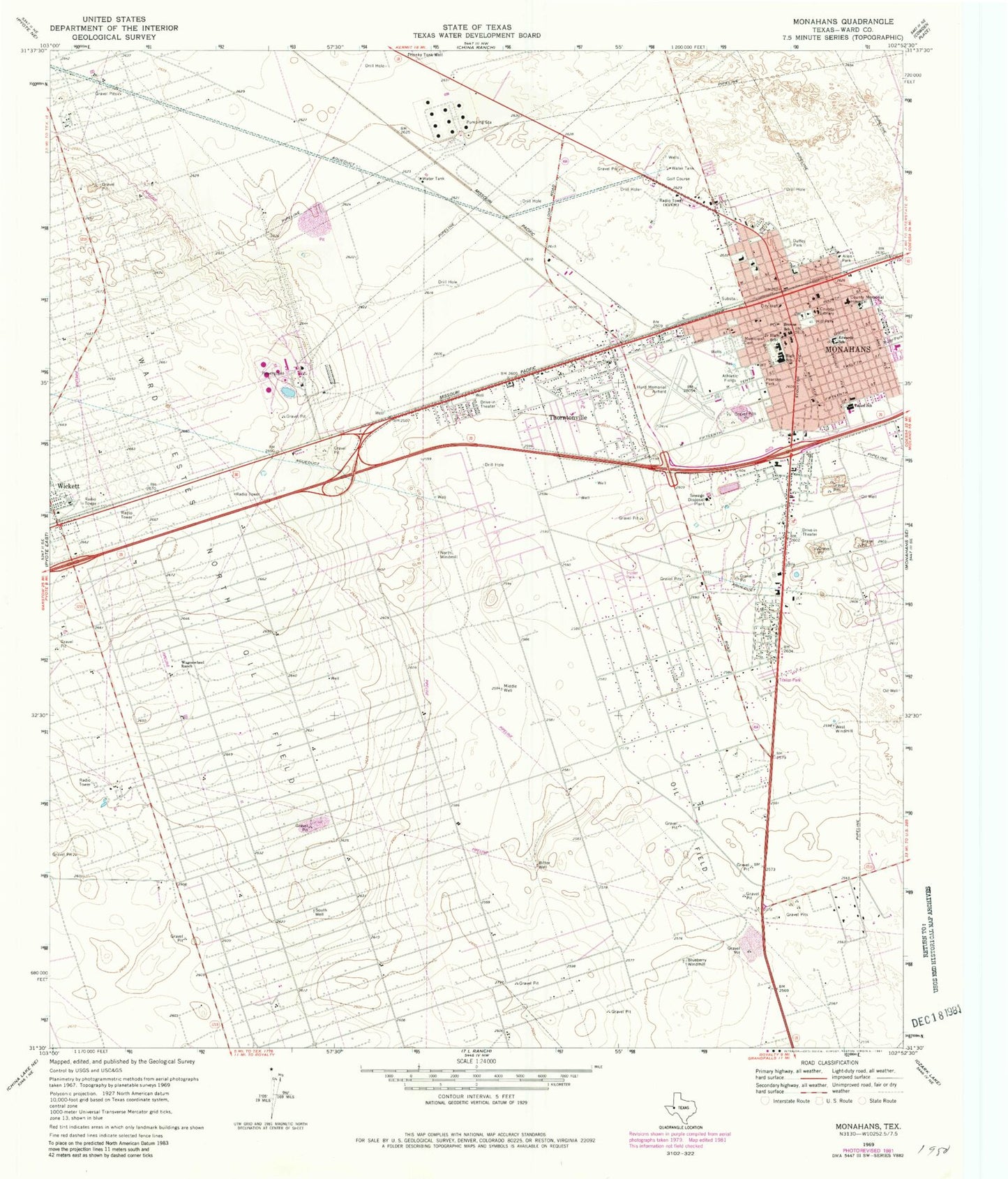 Classic USGS Monahans Texas 7.5'x7.5' Topo Map Image