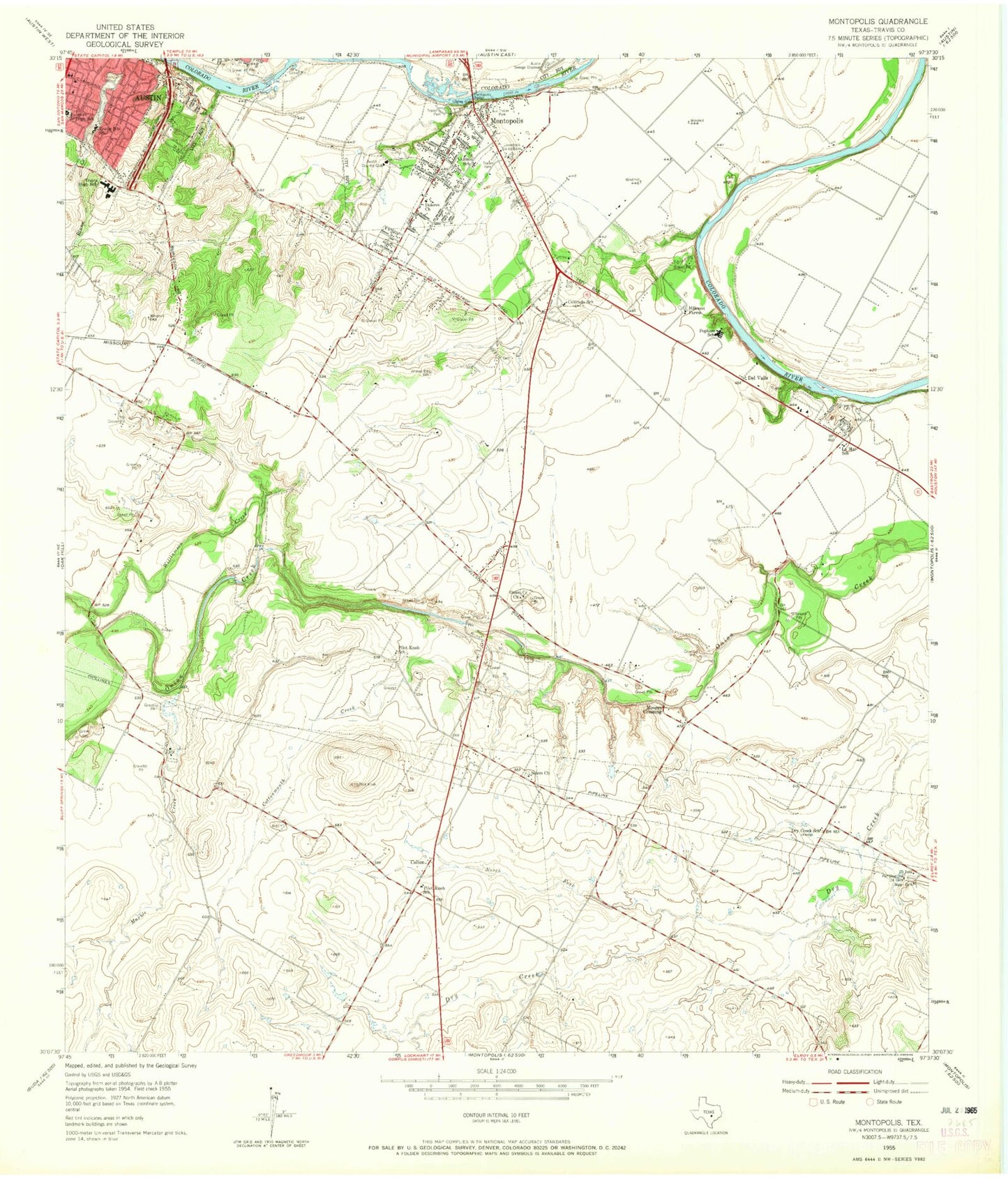 Classic USGS Montopolis Texas 7.5'x7.5' Topo Map Image