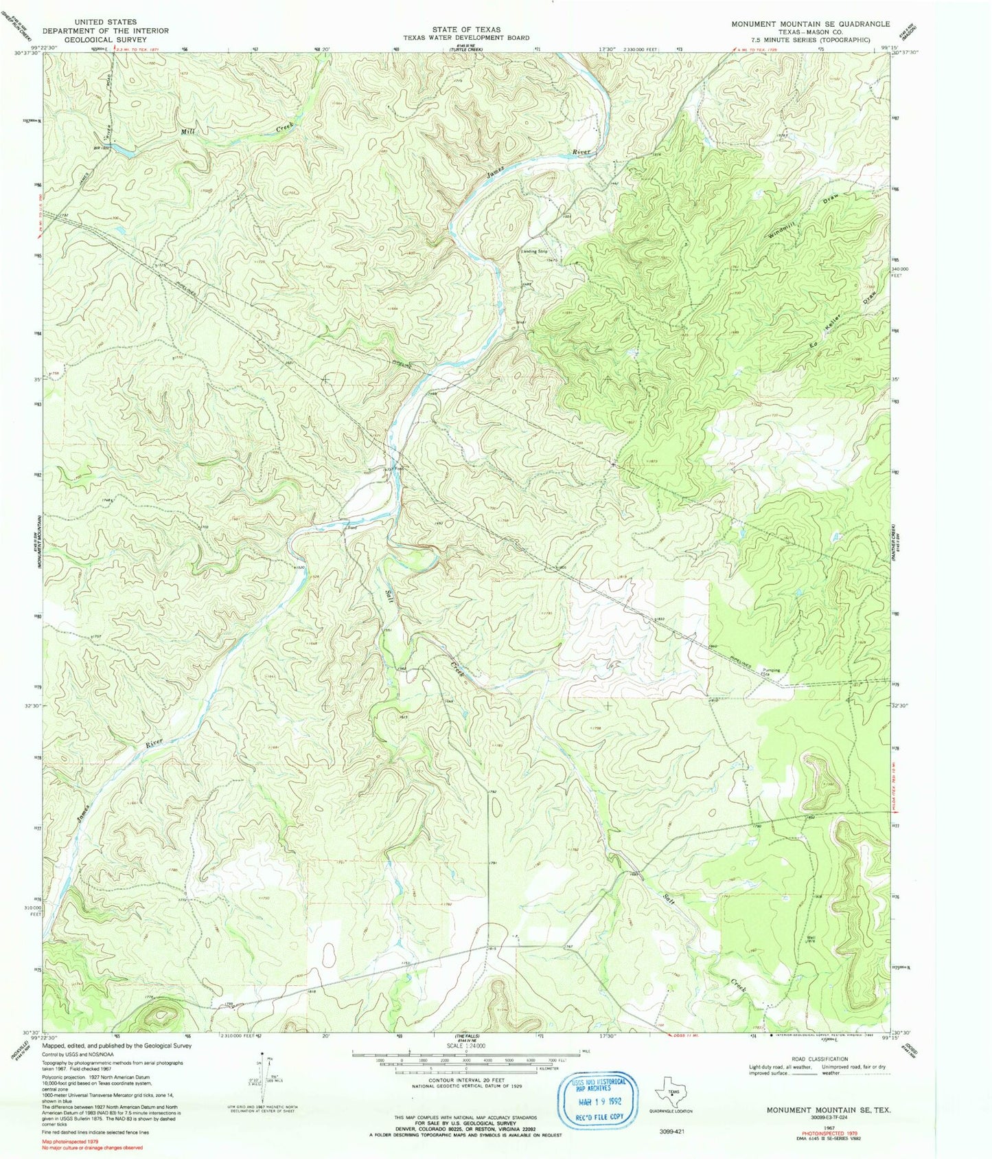 Classic USGS Monument Mountain SE Texas 7.5'x7.5' Topo Map Image