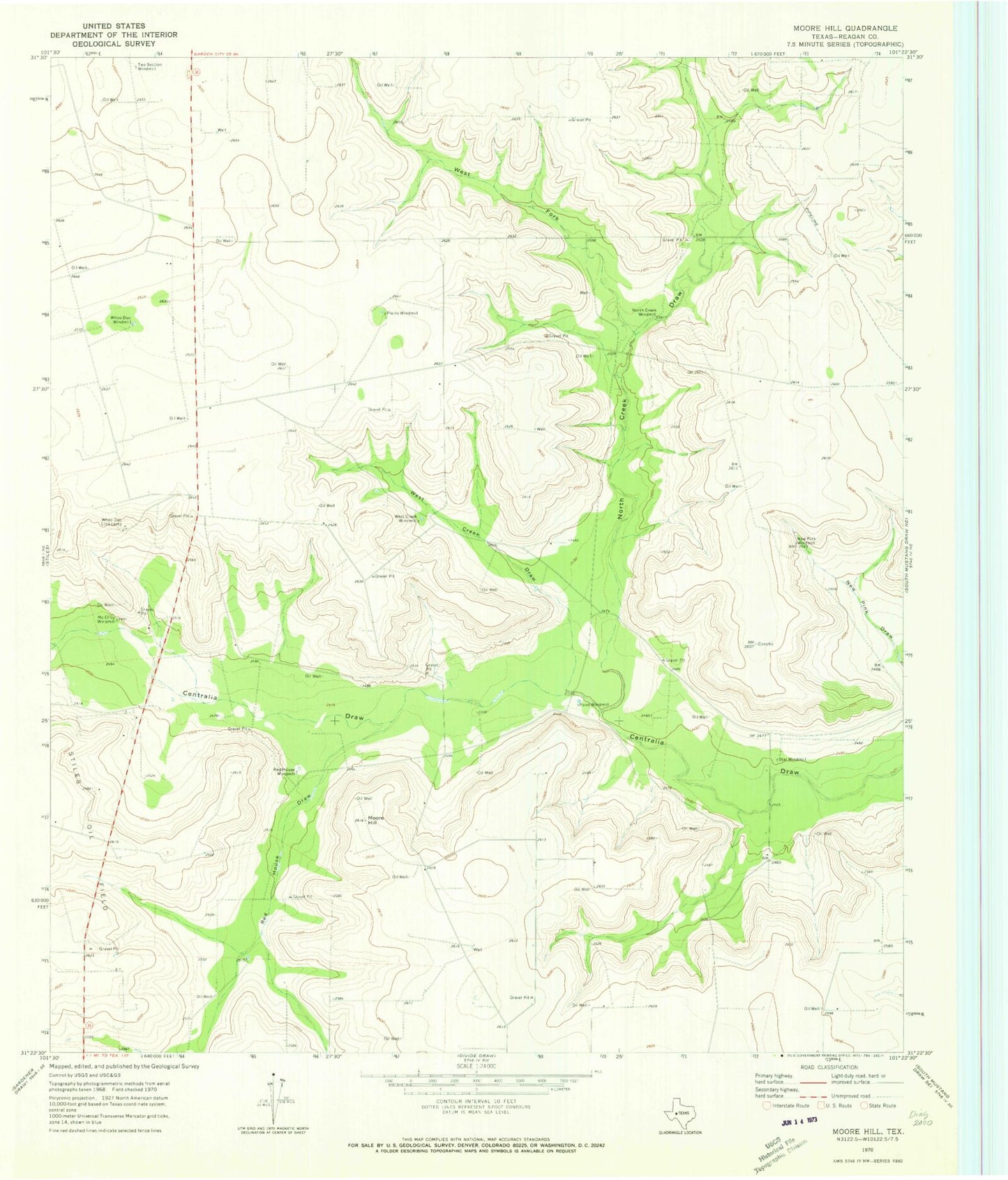 Classic USGS Moore Hill Texas 7.5'x7.5' Topo Map Image