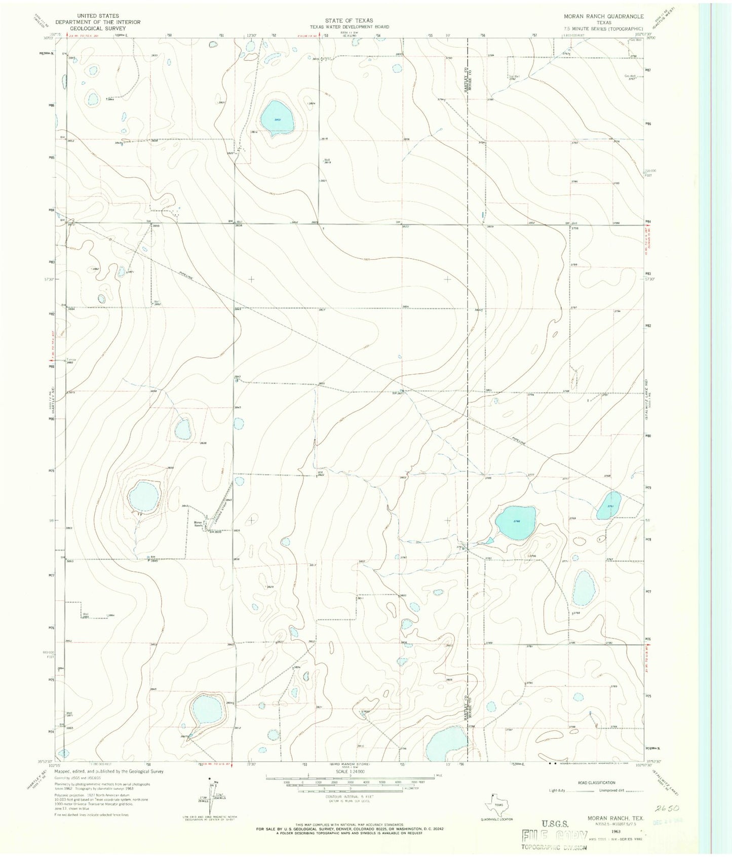 Classic USGS Moran Ranch Texas 7.5'x7.5' Topo Map Image
