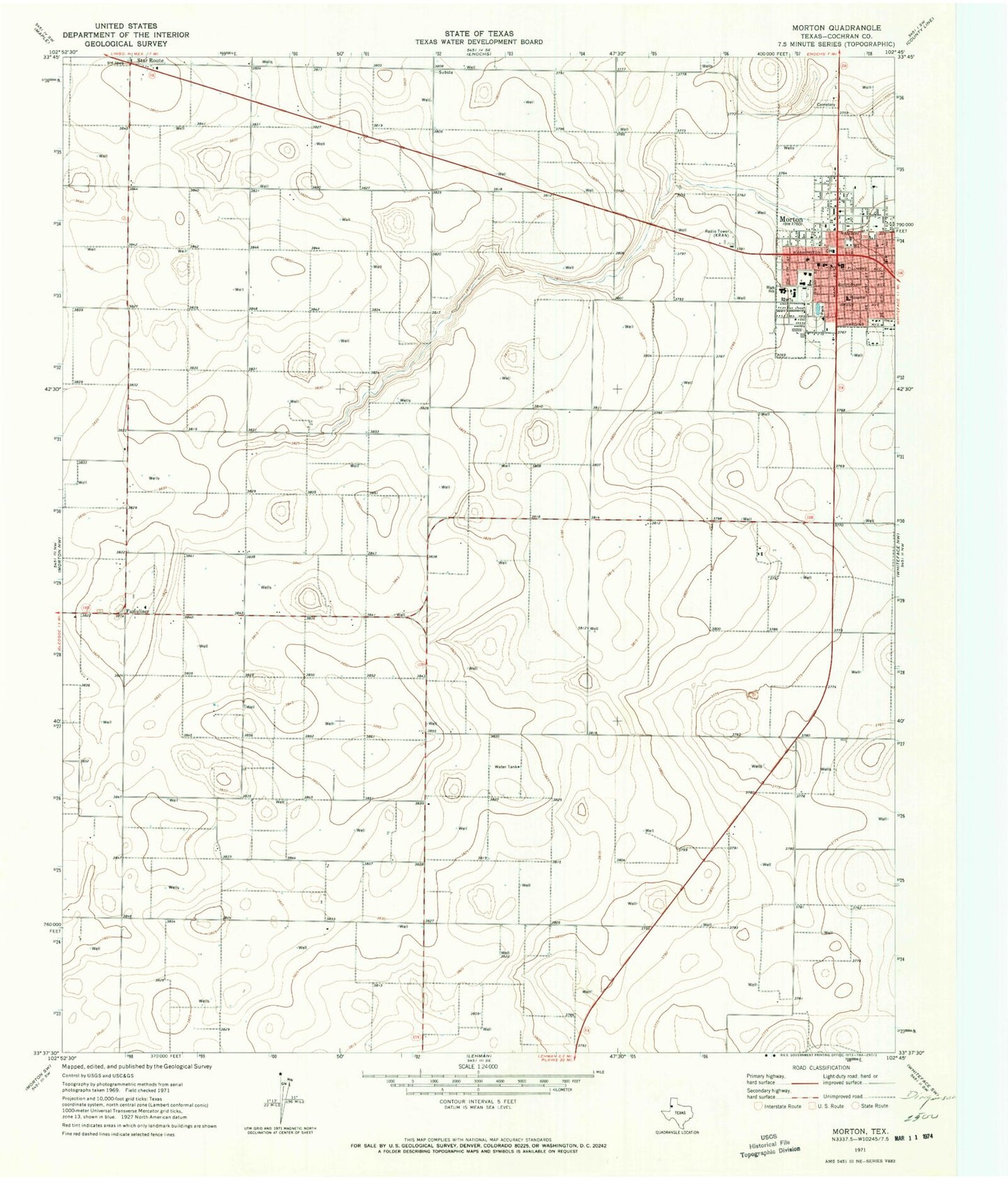 Classic USGS Morton Texas 7.5'x7.5' Topo Map Image