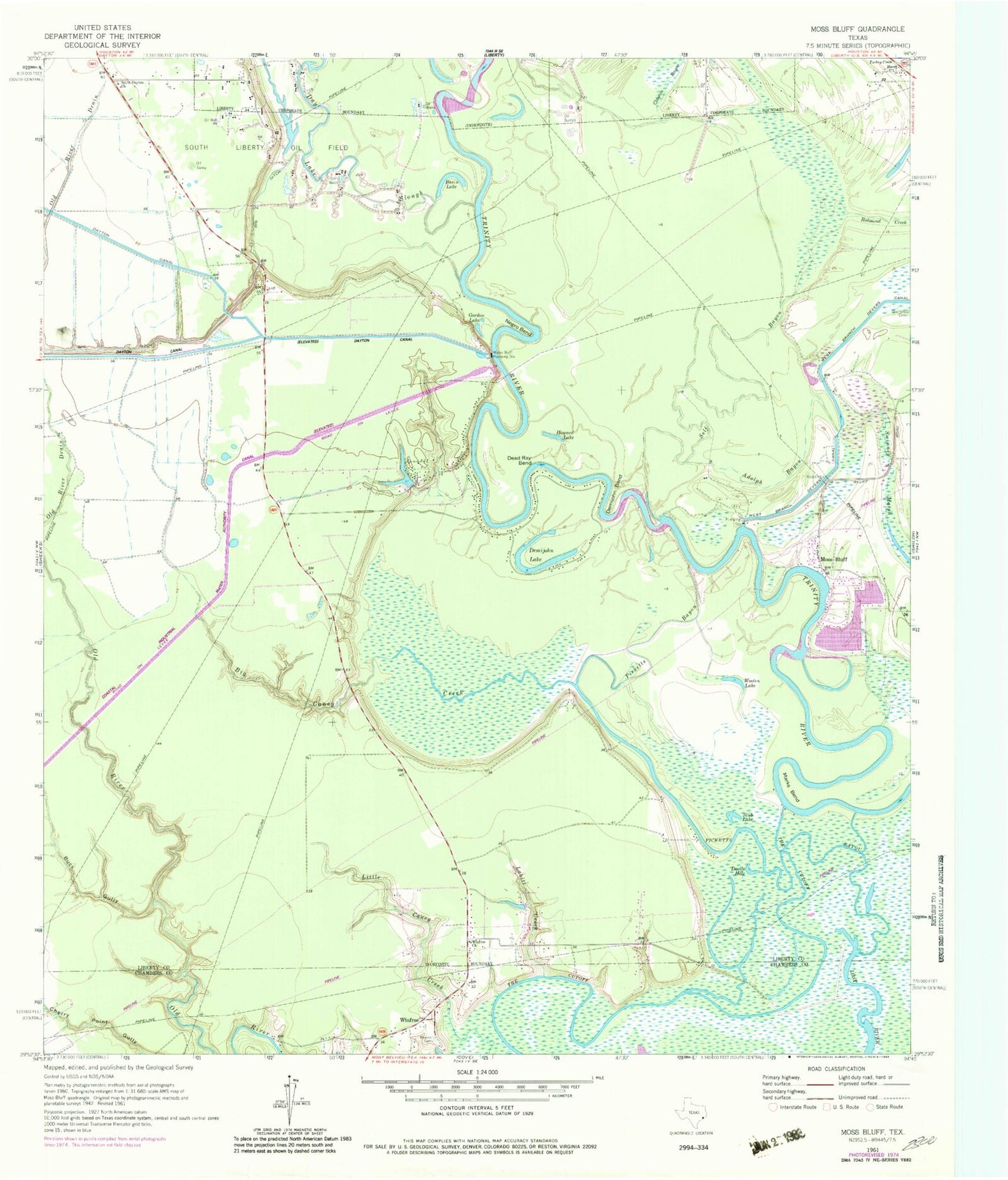 Classic USGS Moss Bluff Texas 7.5'x7.5' Topo Map Image