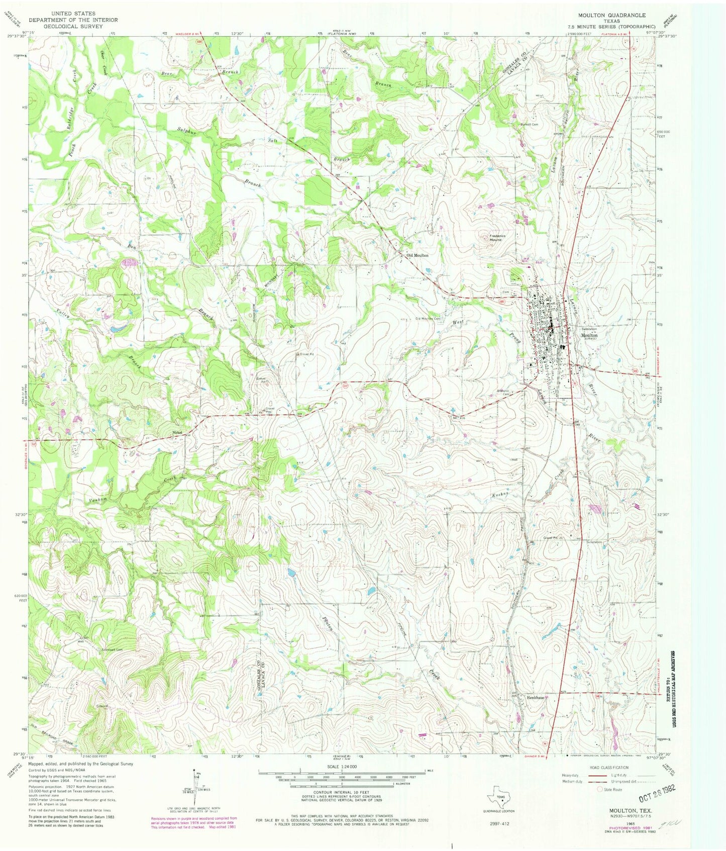 Classic USGS Moulton Texas 7.5'x7.5' Topo Map Image