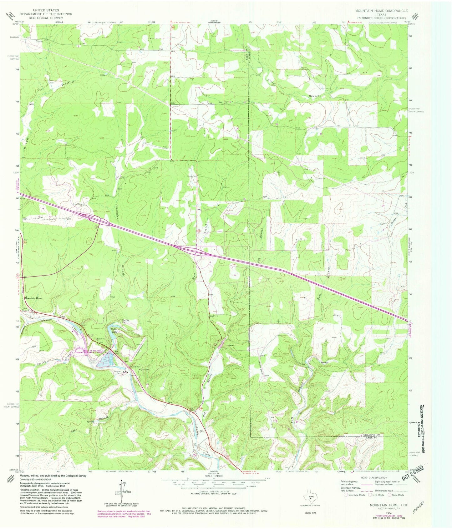 Classic USGS Mountain Home Texas 7.5'x7.5' Topo Map Image