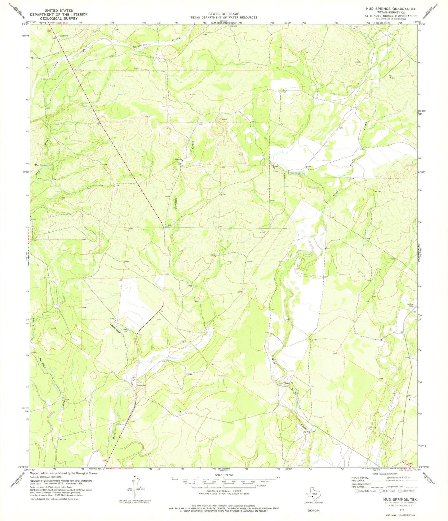 Classic USGS Mud Springs Texas 7.5'x7.5' Topo Map Image