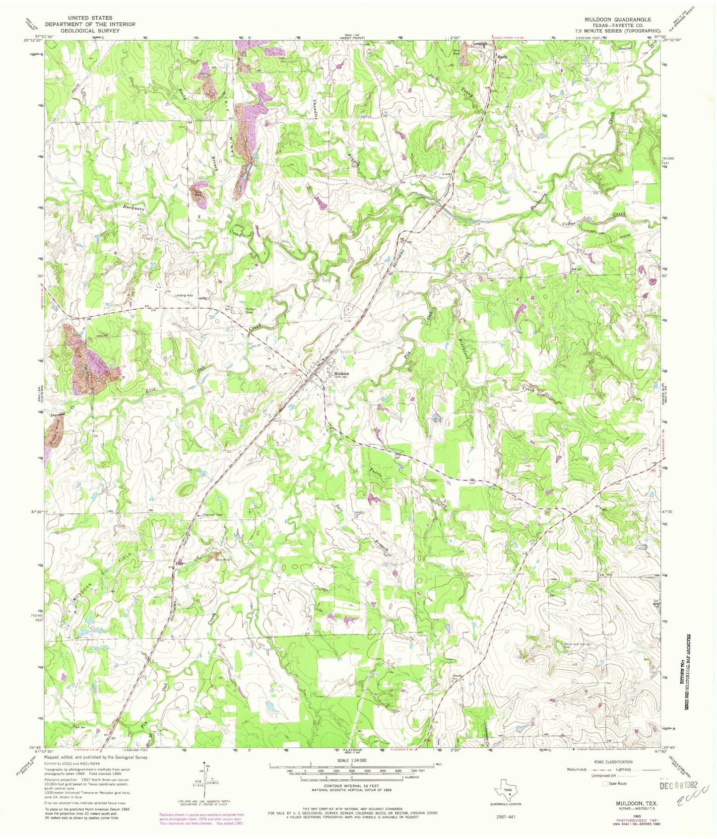 Classic USGS Muldoon Texas 7.5'x7.5' Topo Map Image