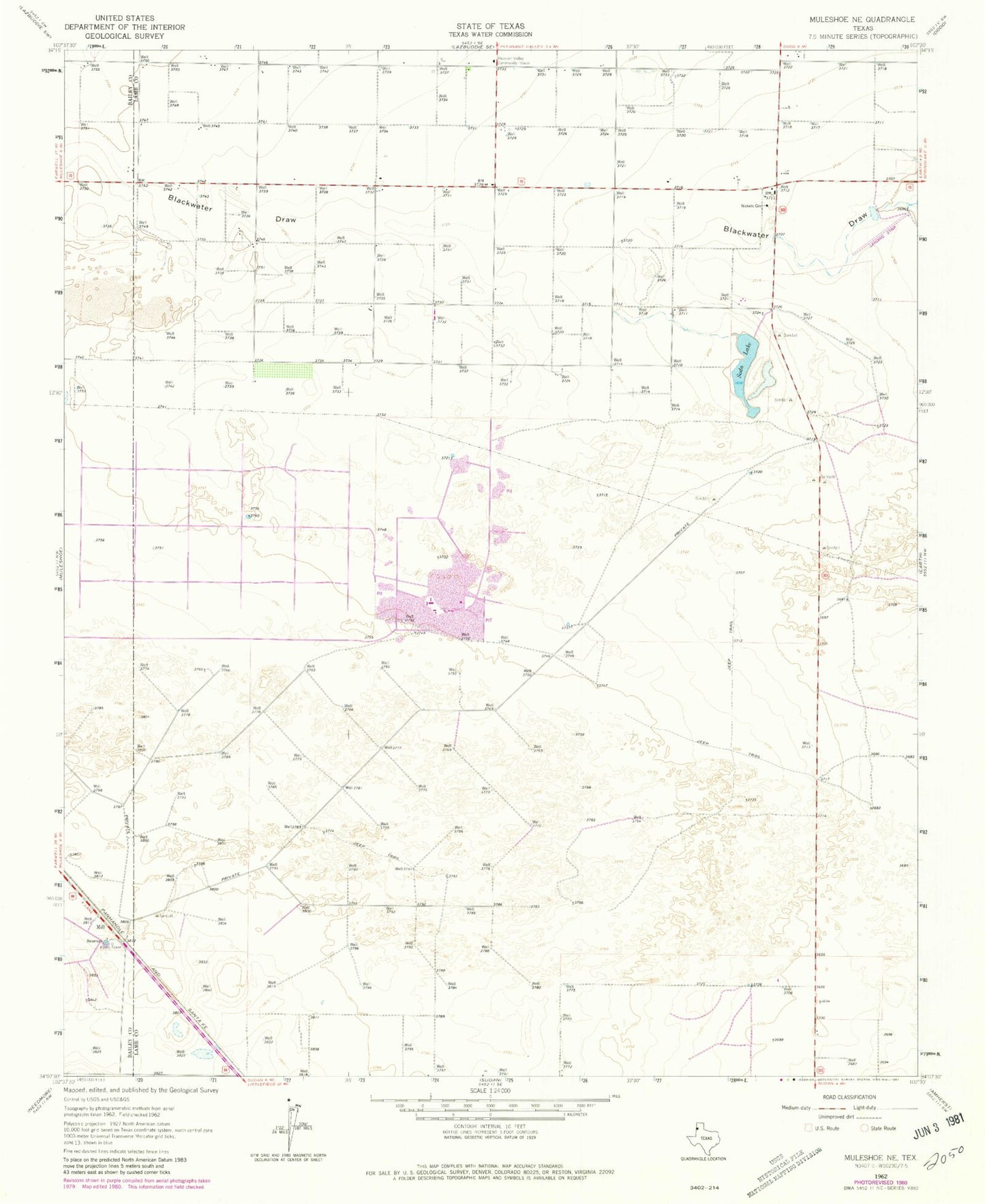 Classic USGS Muleshoe NE Texas 7.5'x7.5' Topo Map Image