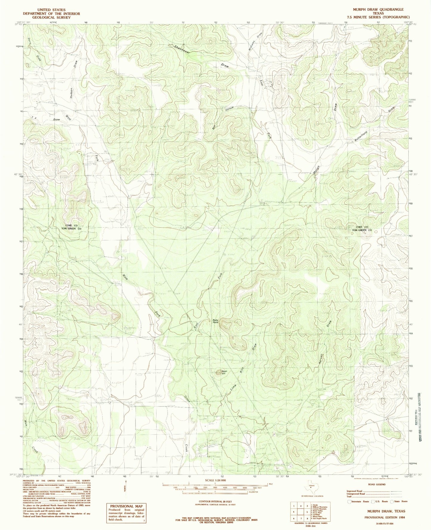 Classic USGS Murph Draw Texas 7.5'x7.5' Topo Map Image
