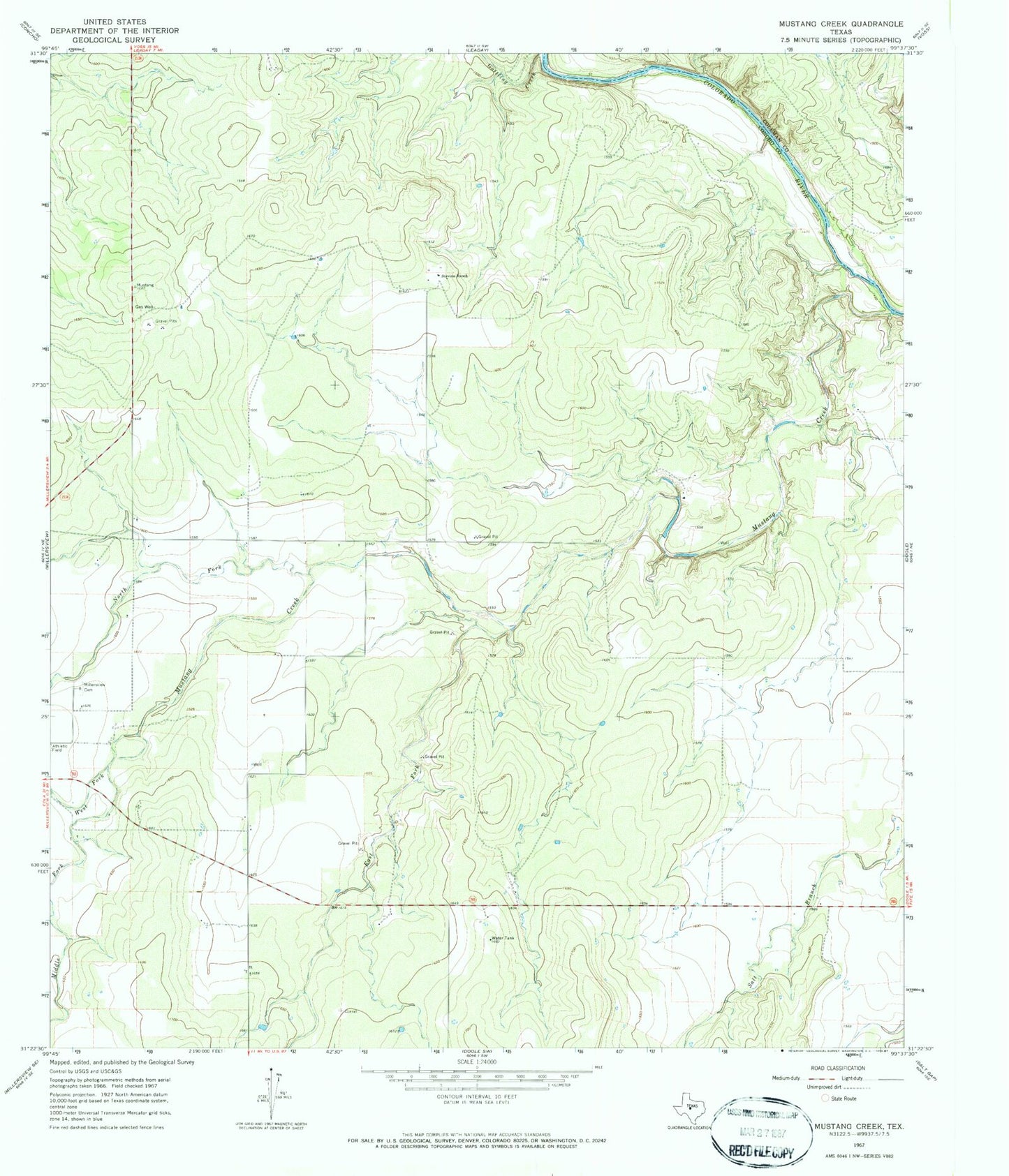 Classic USGS Mustang Creek Texas 7.5'x7.5' Topo Map Image