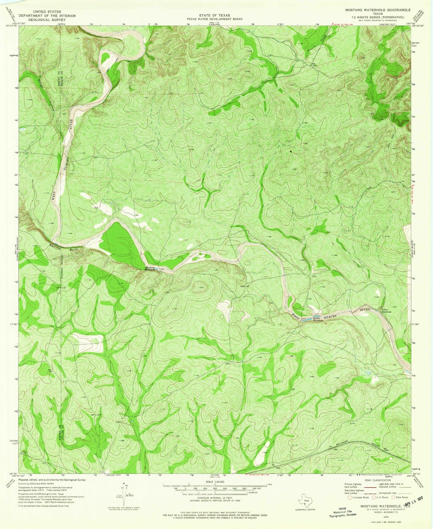 Classic USGS Mustang Waterhole Texas 7.5'x7.5' Topo Map Image