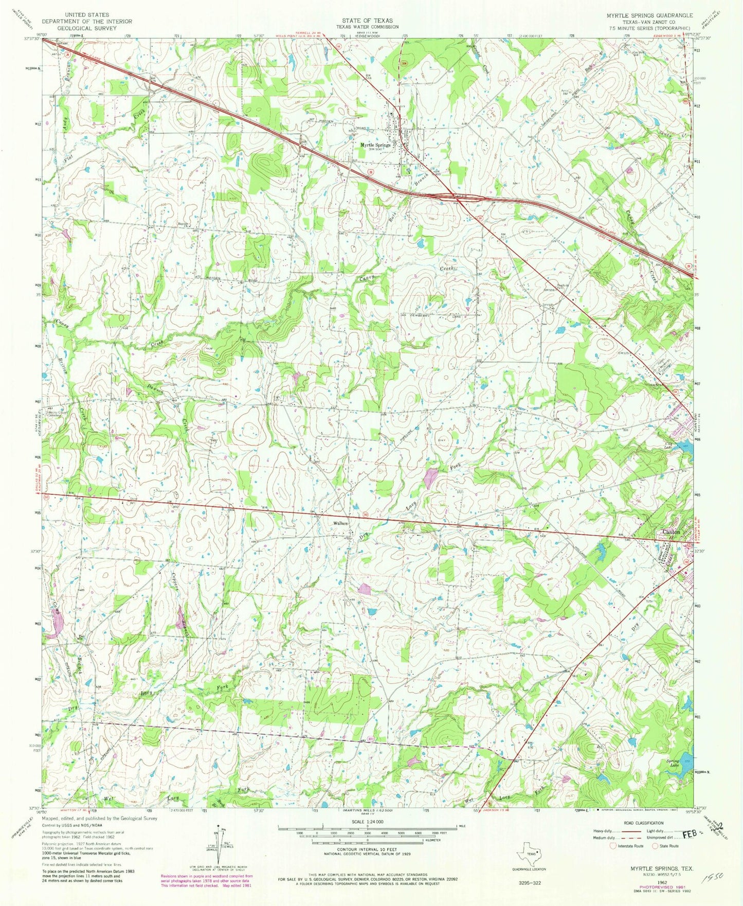 Classic USGS Myrtle Springs Texas 7.5'x7.5' Topo Map Image