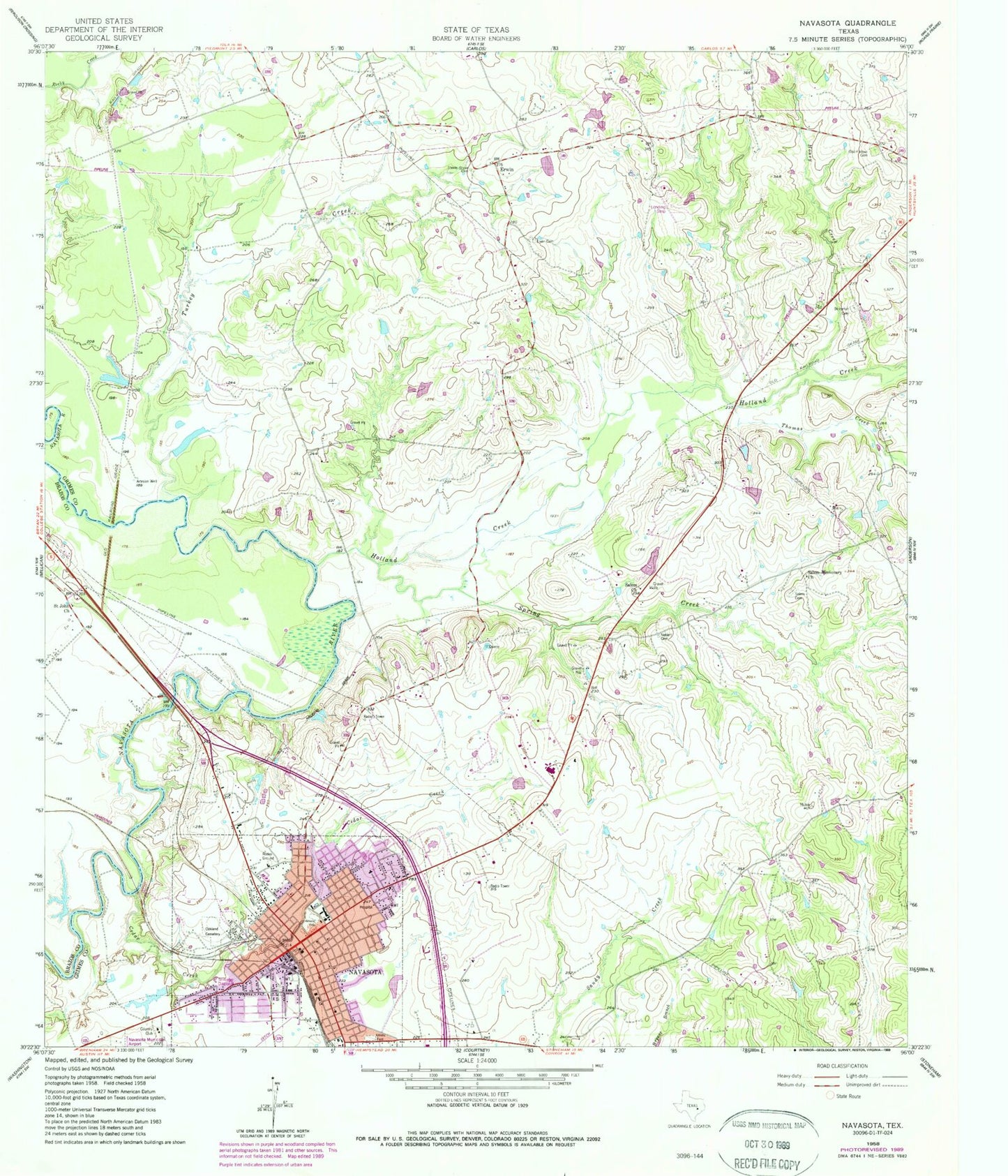 Classic USGS Navasota Texas 7.5'x7.5' Topo Map Image