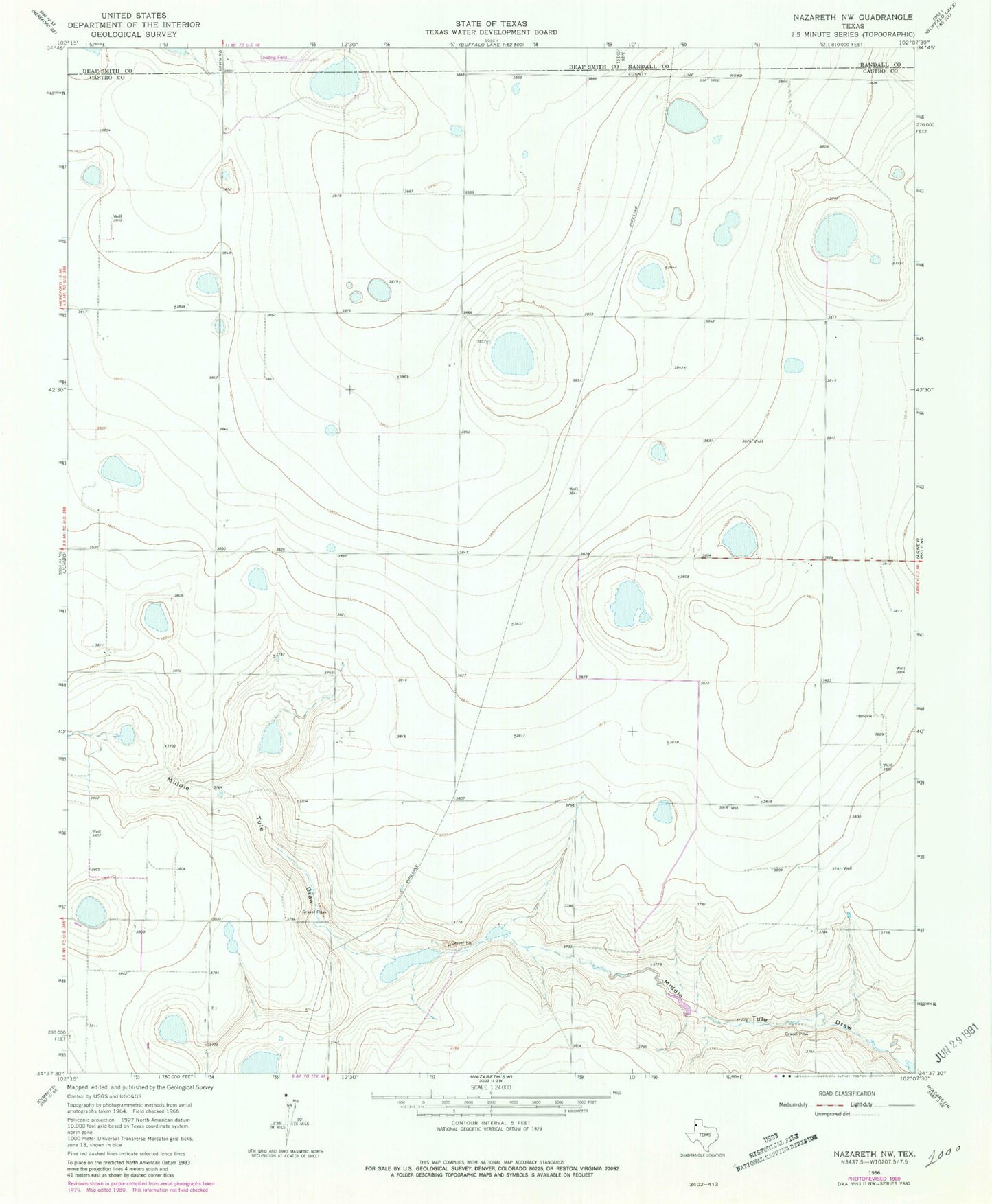 Classic USGS Nazareth NW Texas 7.5'x7.5' Topo Map Image