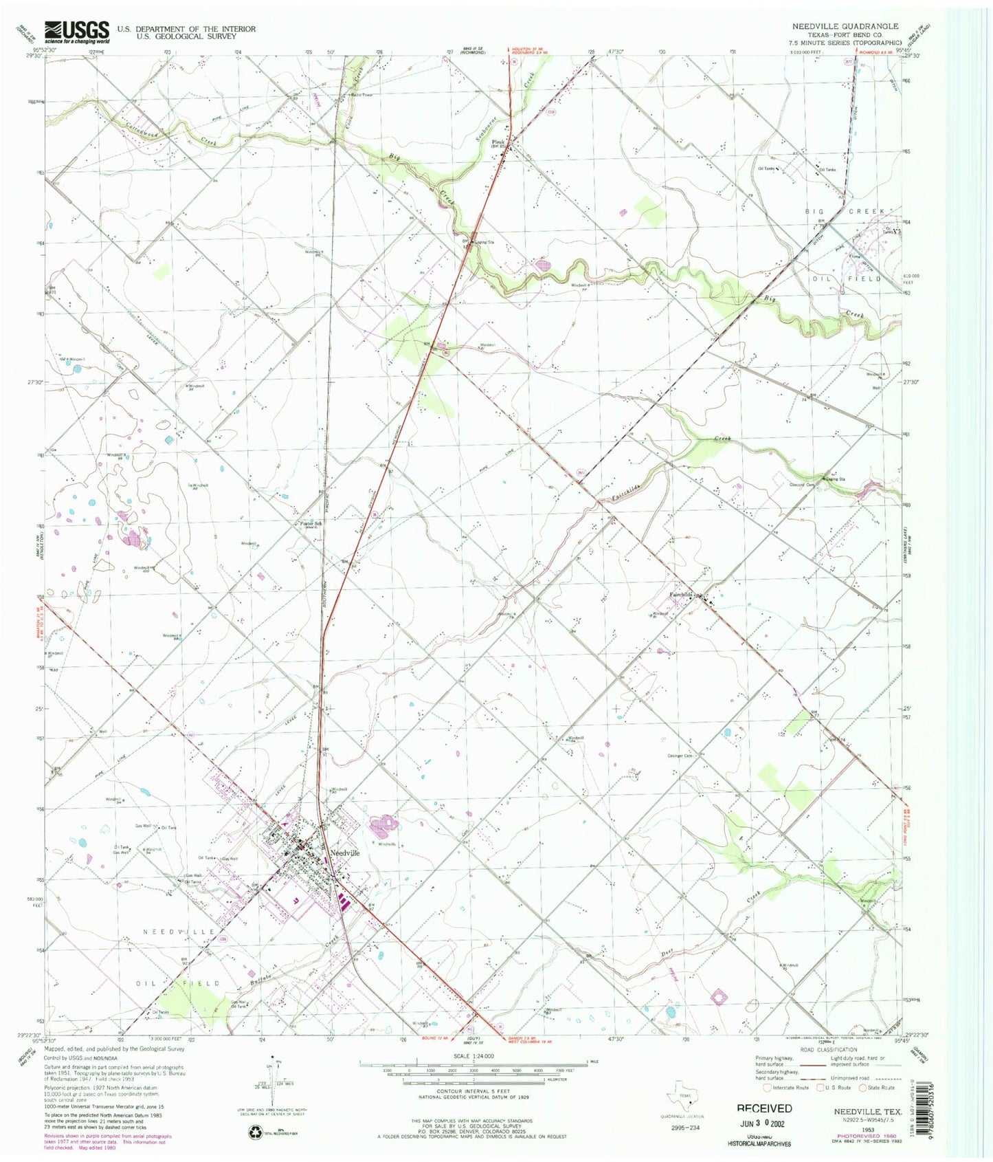 Classic USGS Needville Texas 7.5'x7.5' Topo Map Image