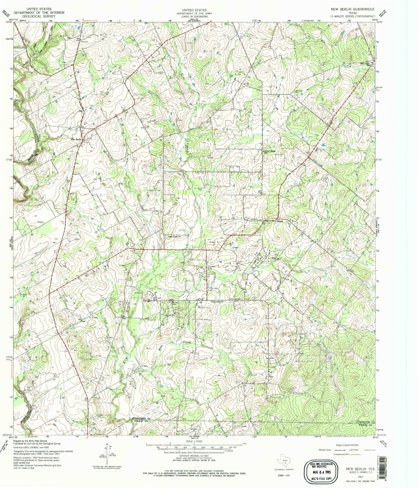 Classic USGS New Berlin Texas 7.5'x7.5' Topo Map Image