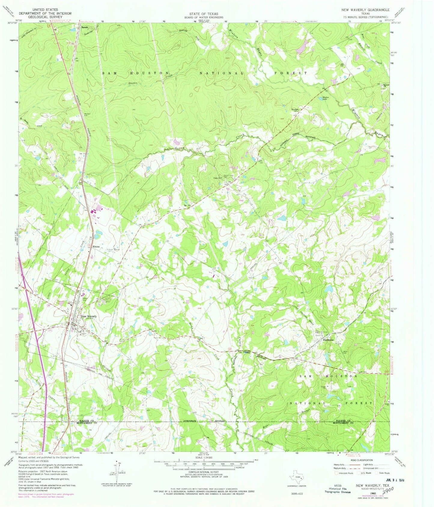 Classic USGS New Waverly Texas 7.5'x7.5' Topo Map Image