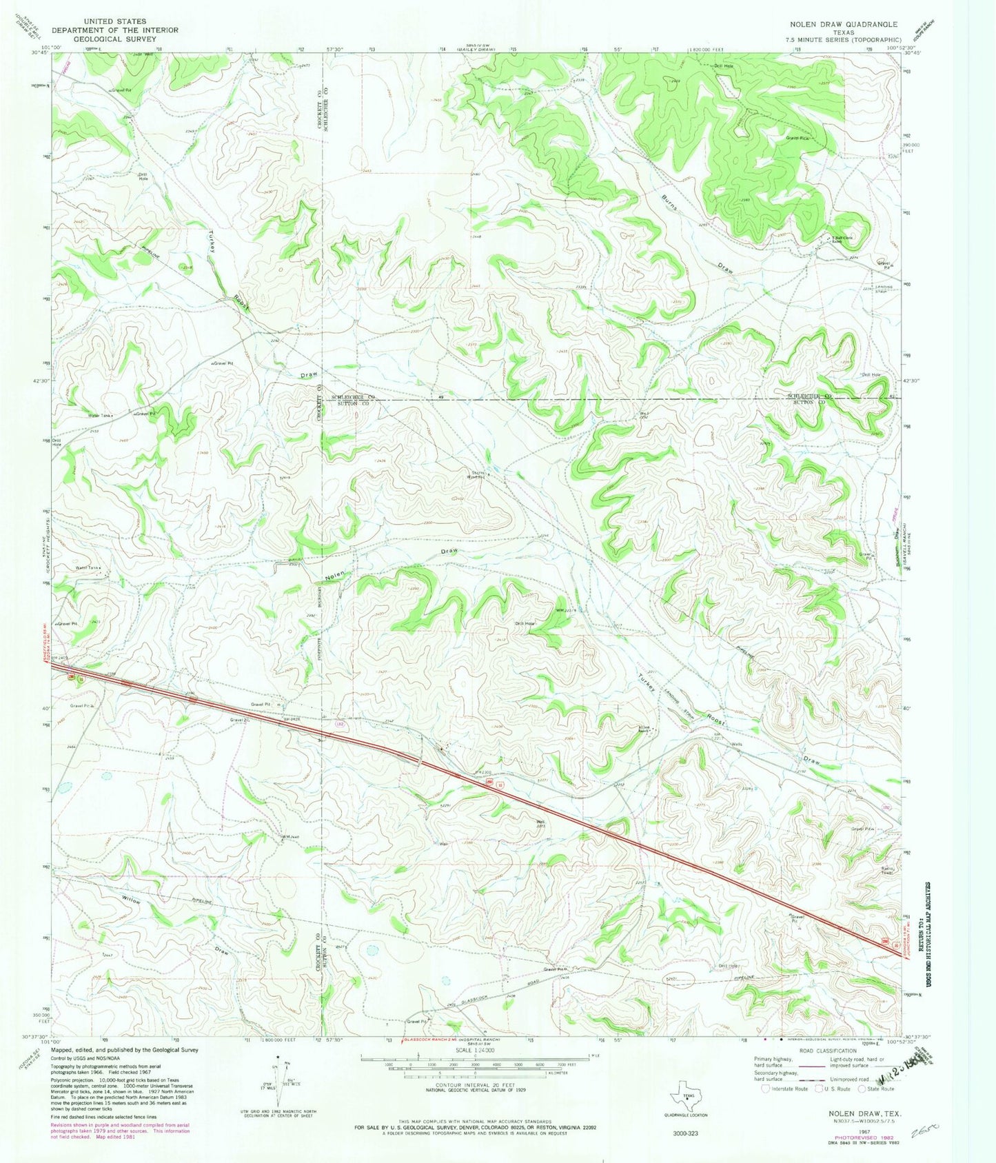 Classic USGS Nolen Draw Texas 7.5'x7.5' Topo Map Image