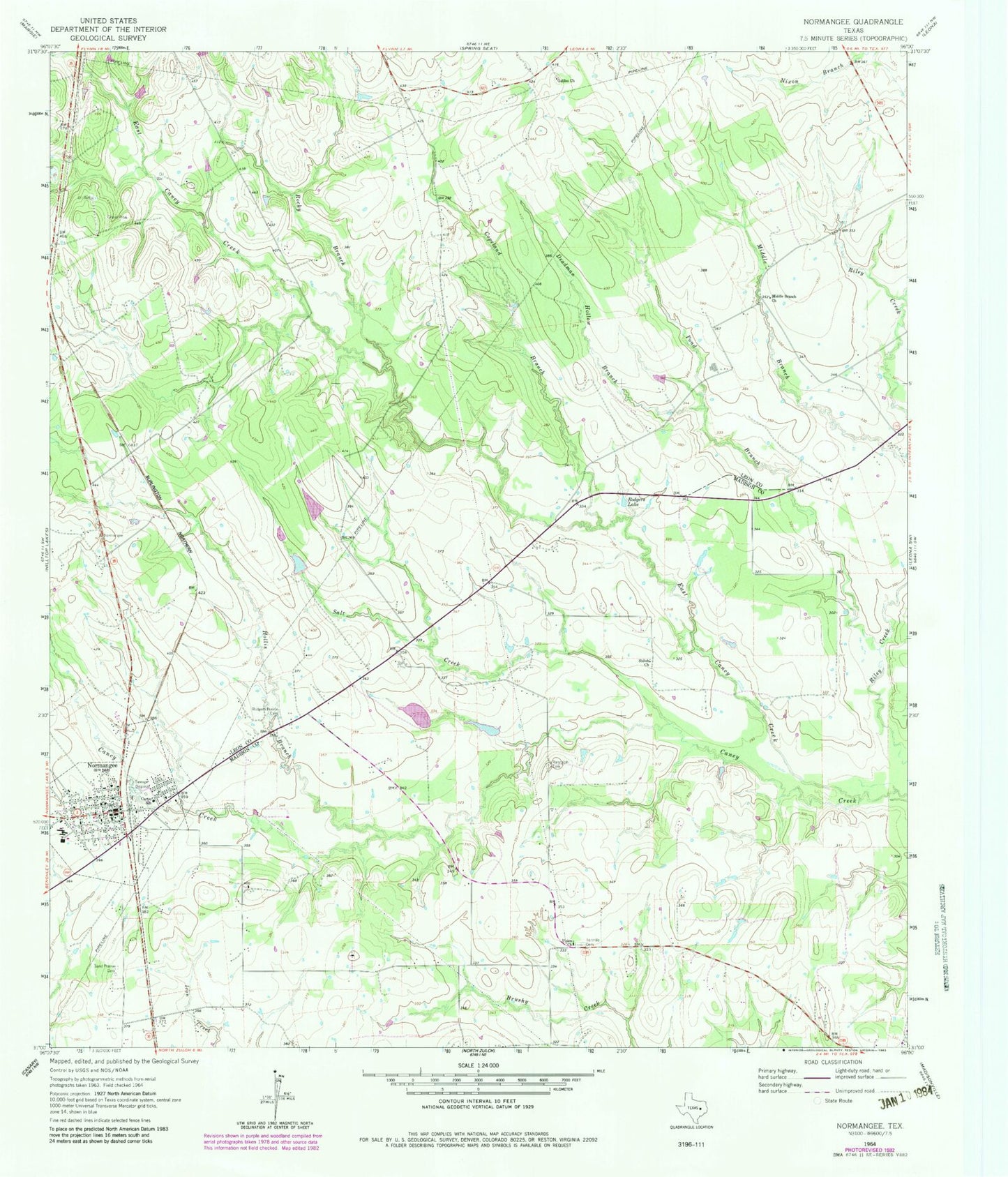 Classic USGS Normangee Texas 7.5'x7.5' Topo Map Image