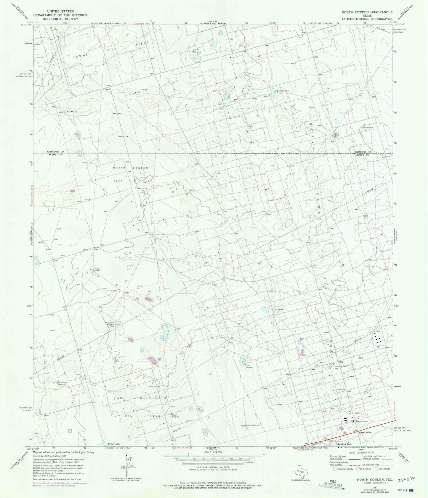 Classic USGS North Cowden Texas 7.5'x7.5' Topo Map Image