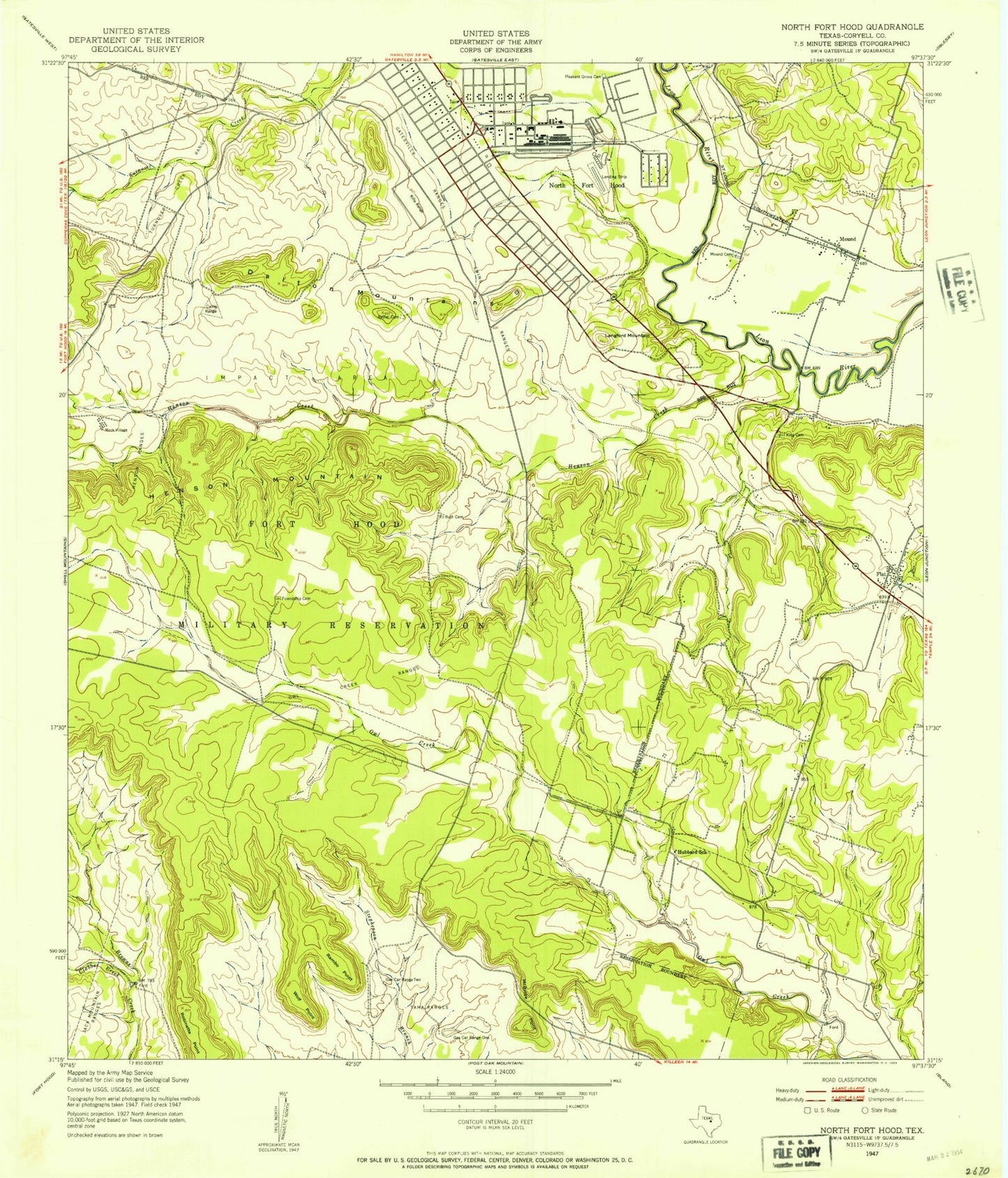 Classic USGS North Fort Hood Texas 7.5'x7.5' Topo Map Image