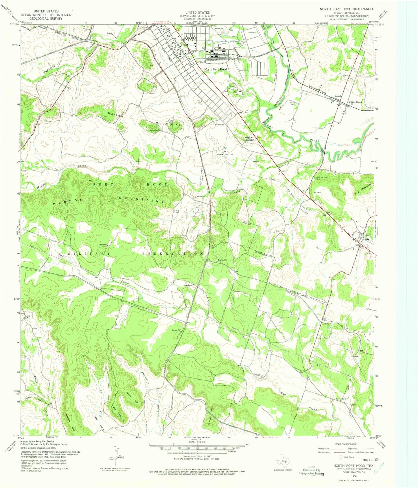 Classic USGS North Fort Hood Texas 7.5'x7.5' Topo Map Image