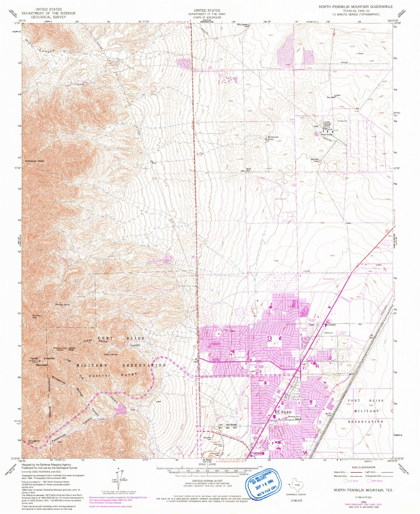 Classic USGS North Franklin Mountain Texas 7.5'x7.5' Topo Map Image