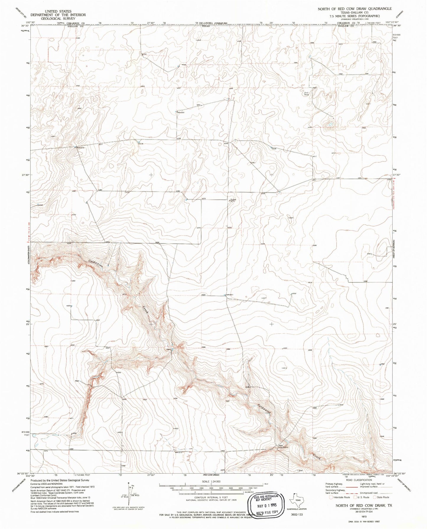 Classic USGS North of Red Cow Draw Texas 7.5'x7.5' Topo Map Image